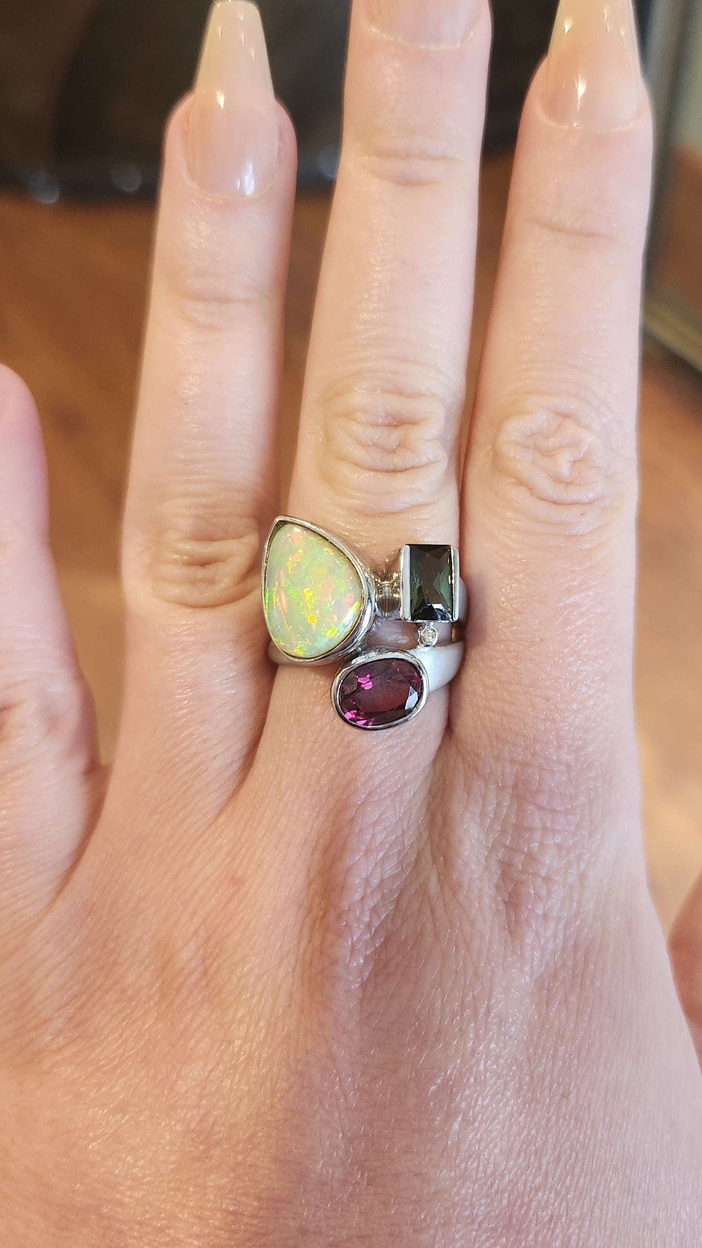 Sterling silver opal tourmaline statement ring