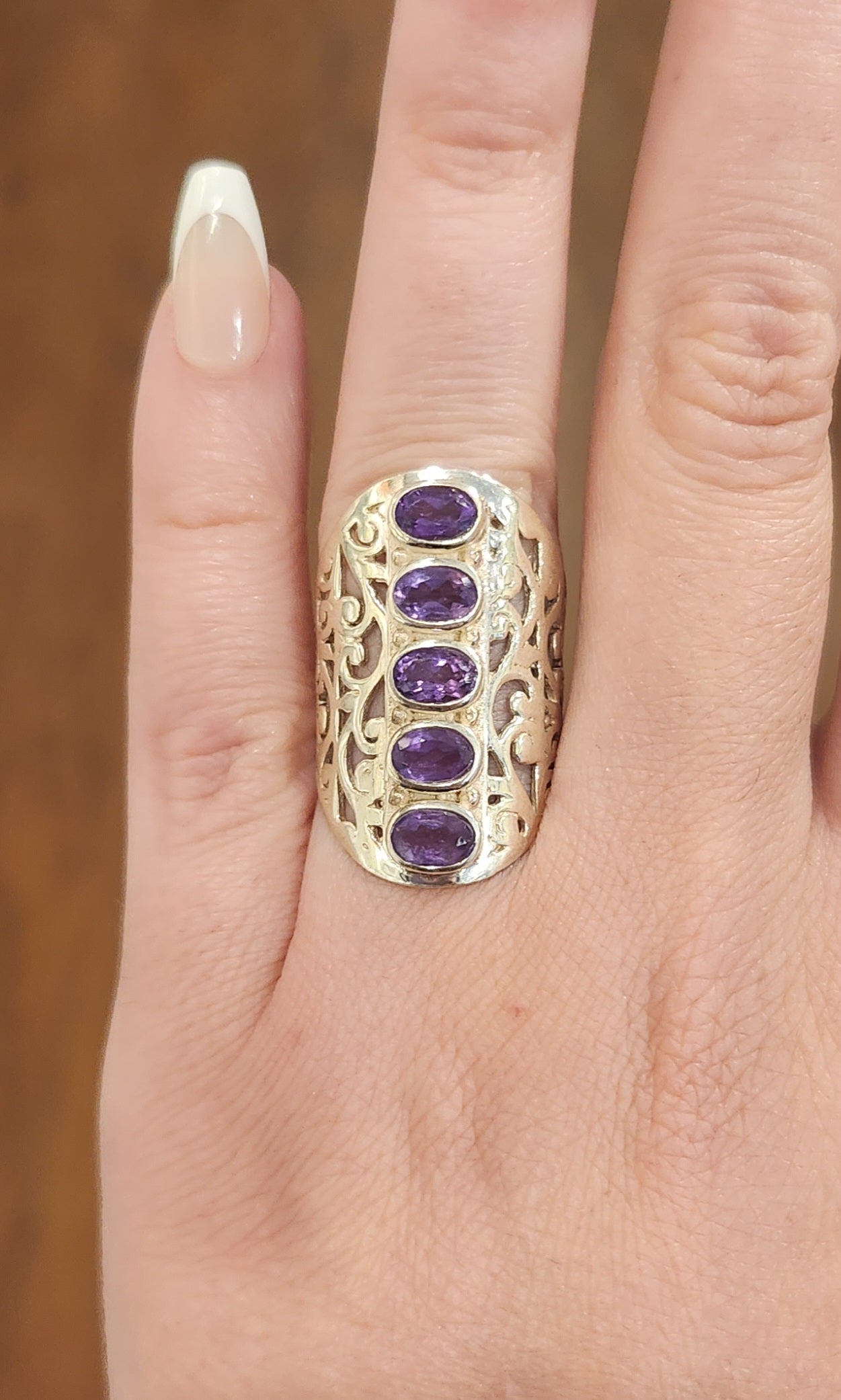 Sterling silver multi-stone amethyst filigree ring