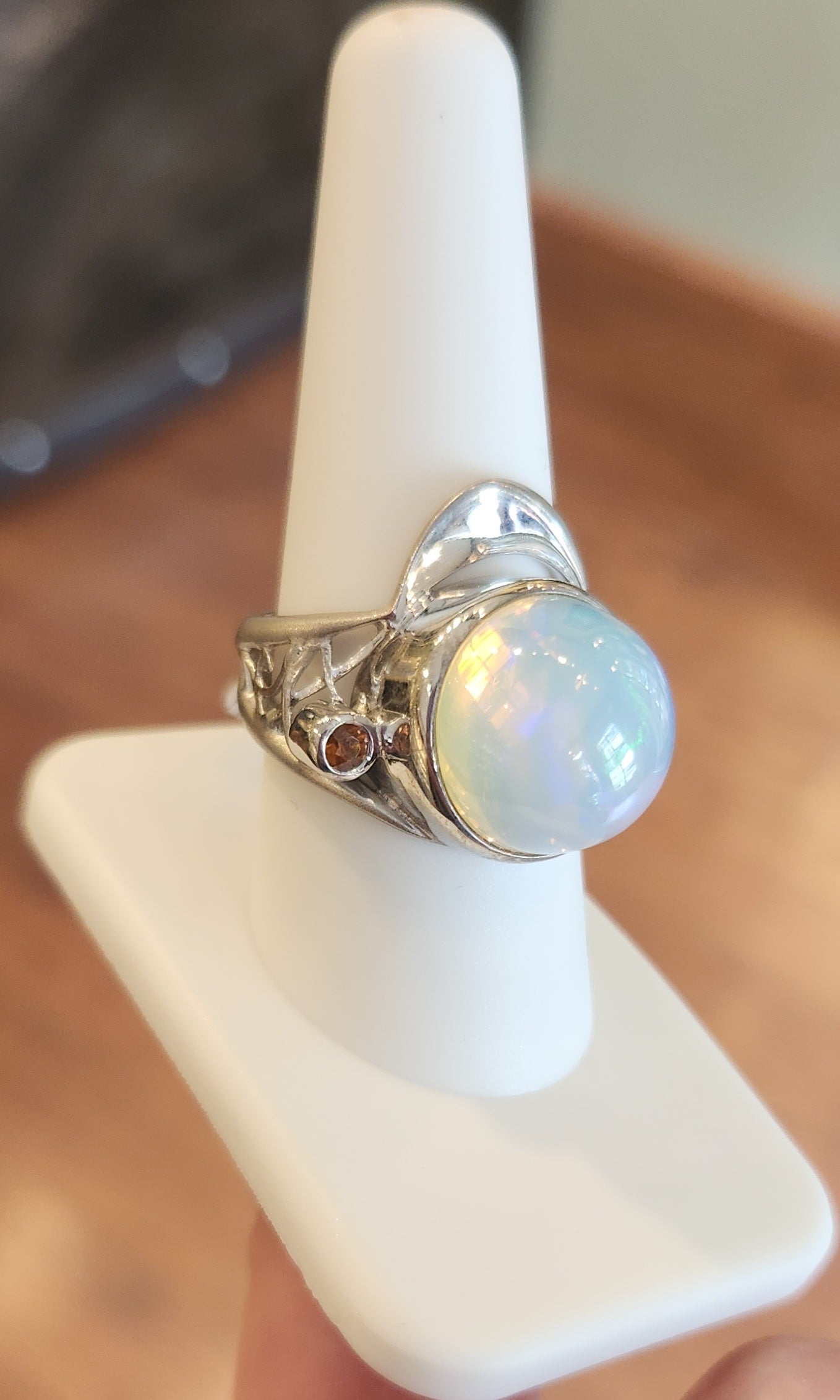 Sterling silver large Ethiopian opal statement ring with tourmaline