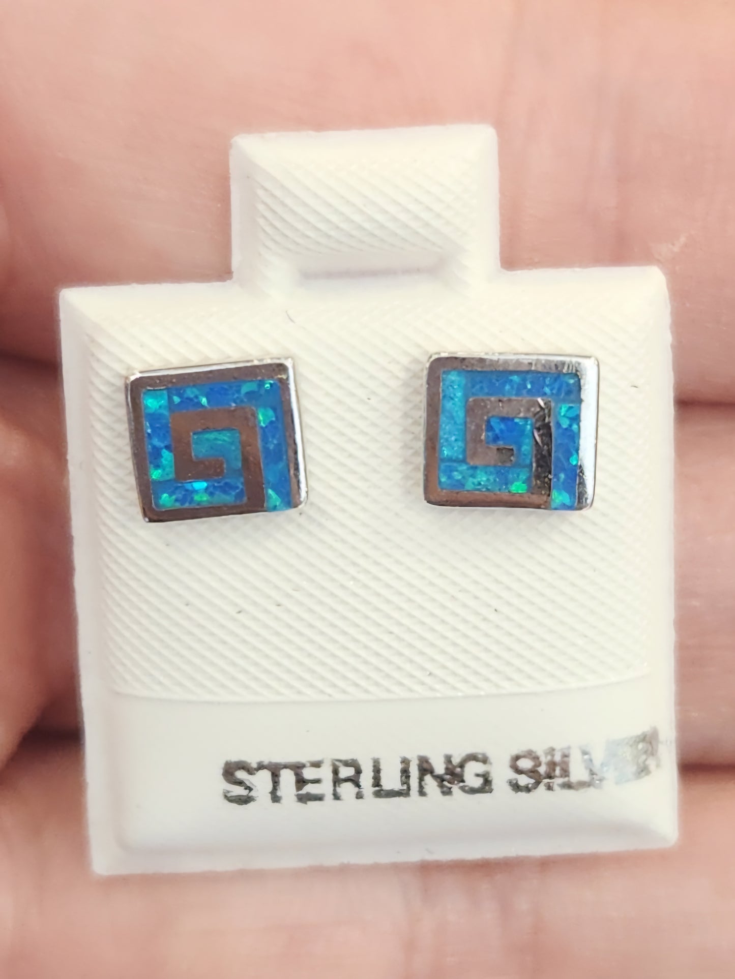 Sterling silvet square spiral kyocera opal earring studs