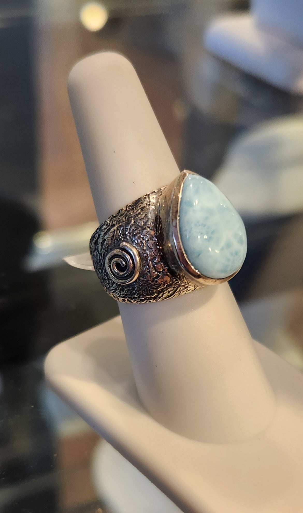 Sterling silver Atlantean rune ring with pear-shaped larimar cabochon