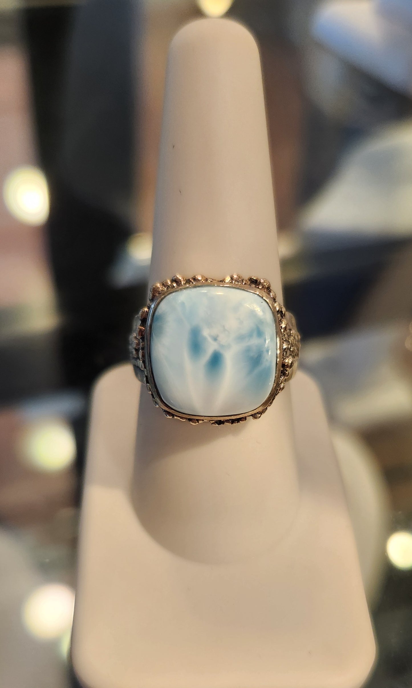 Sterling silver ring with square larimar cabochon