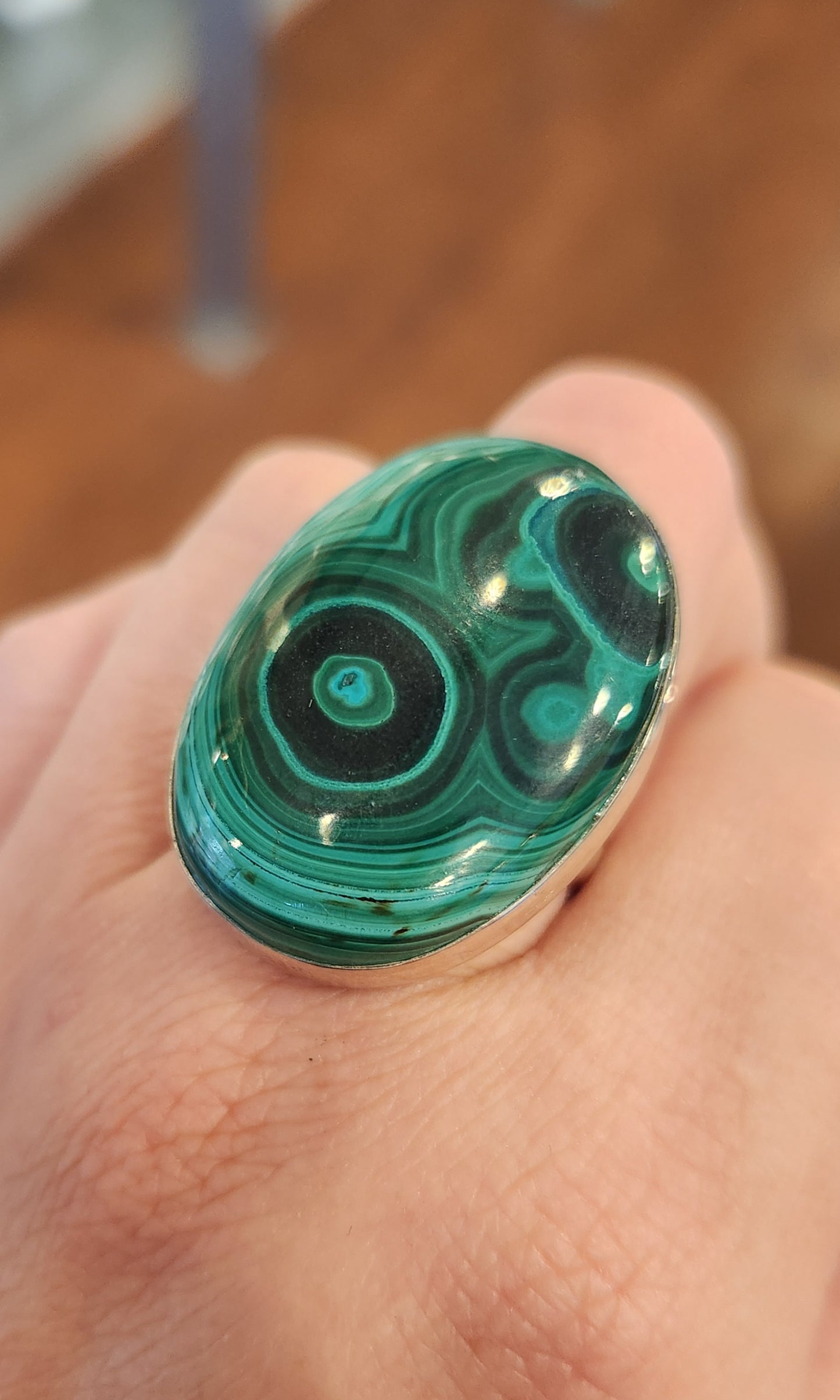 Sterling silver oval malachite statement ring