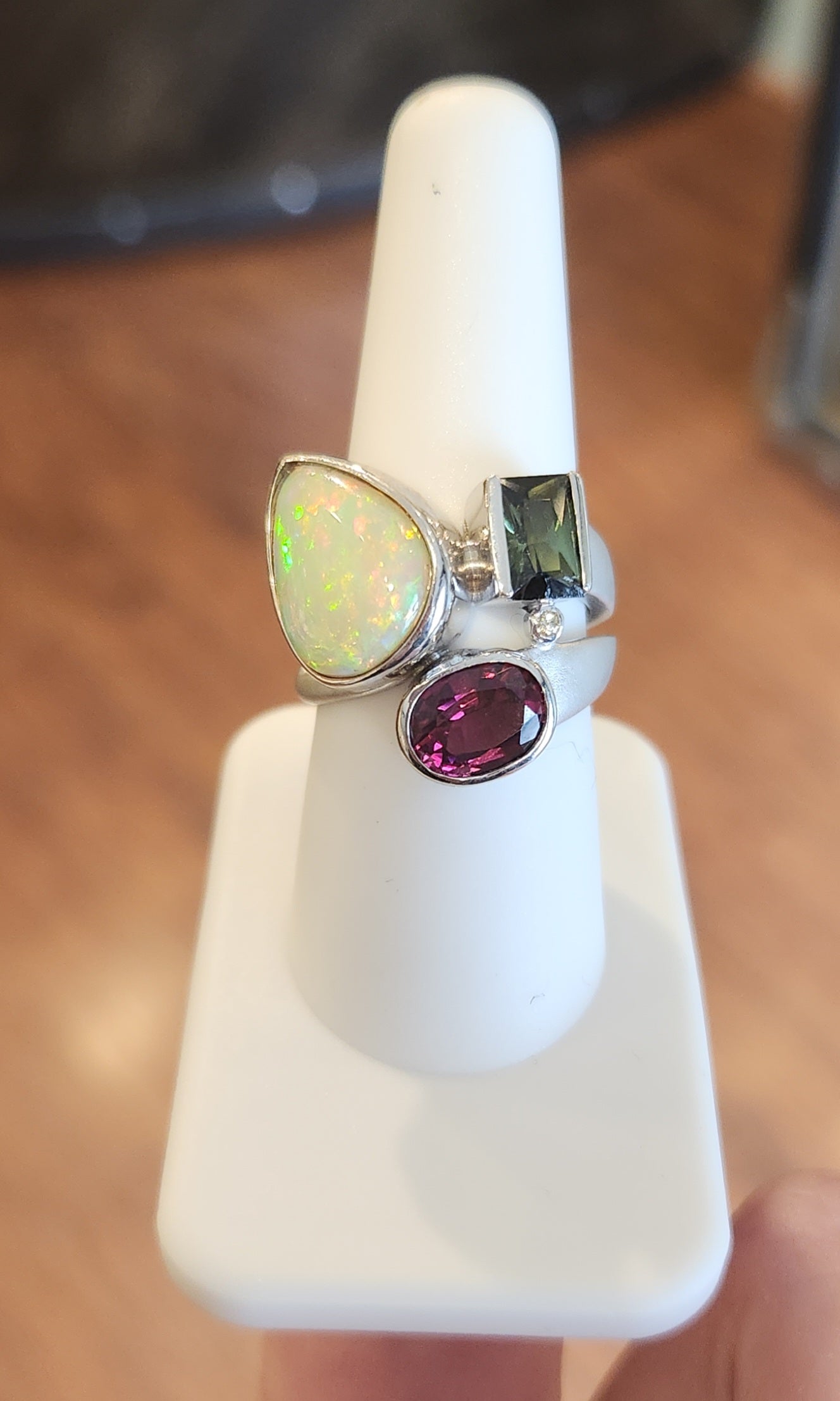 Sterling silver opal tourmaline statement ring