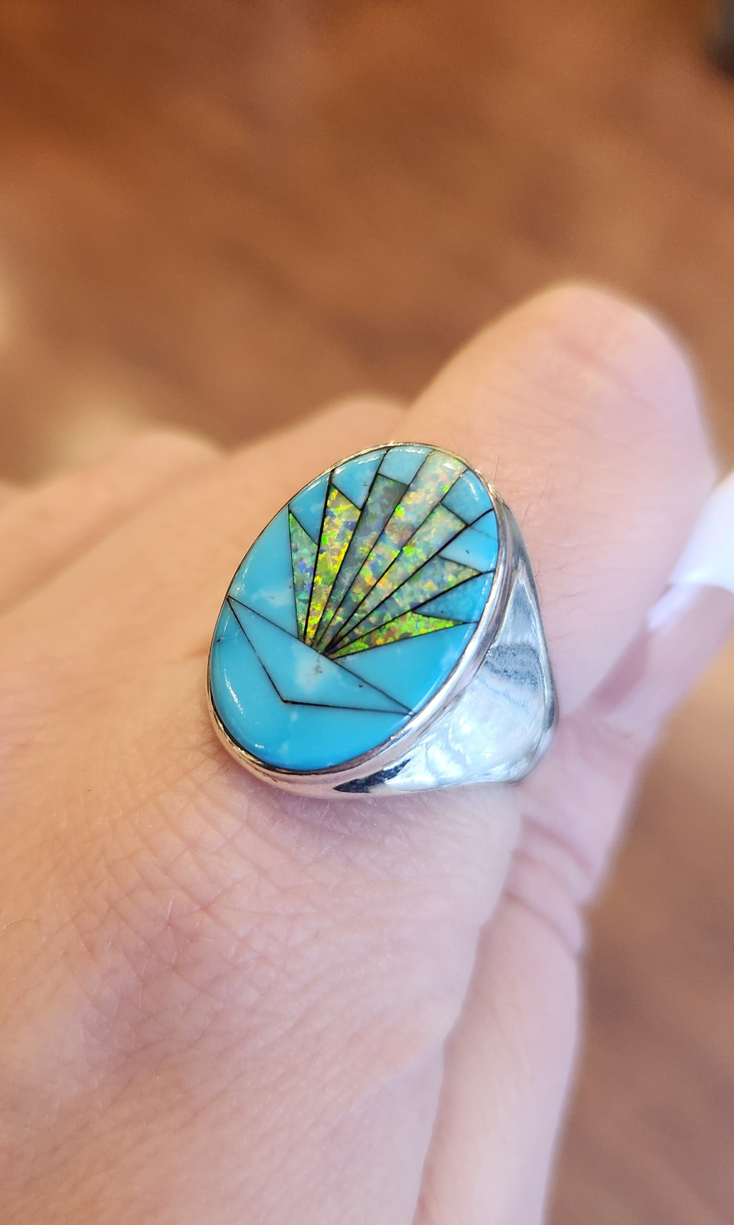 Sterling silver turquoise sunburst opal inlay ring