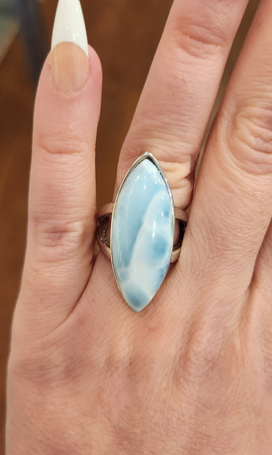 Sterling silver ring with large marquis-shaped larimar cabochon