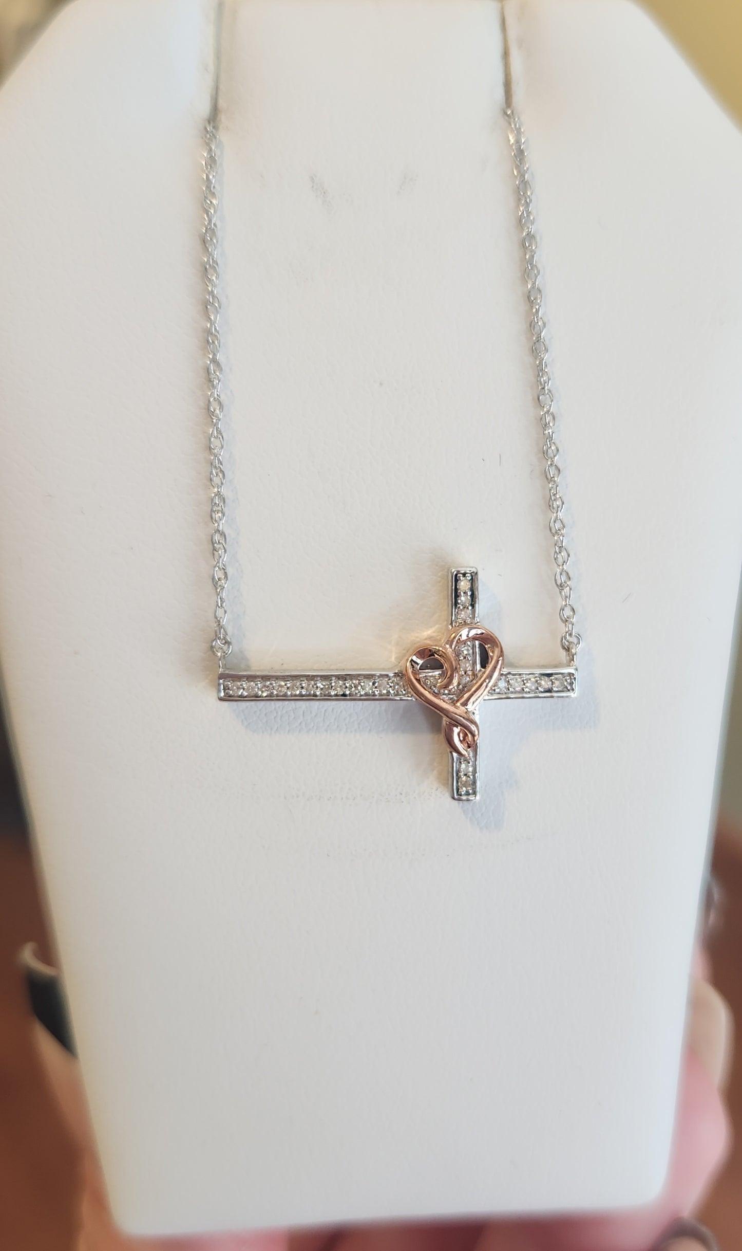 Sterling silver diamond sideways cross necklace with rose gold heart