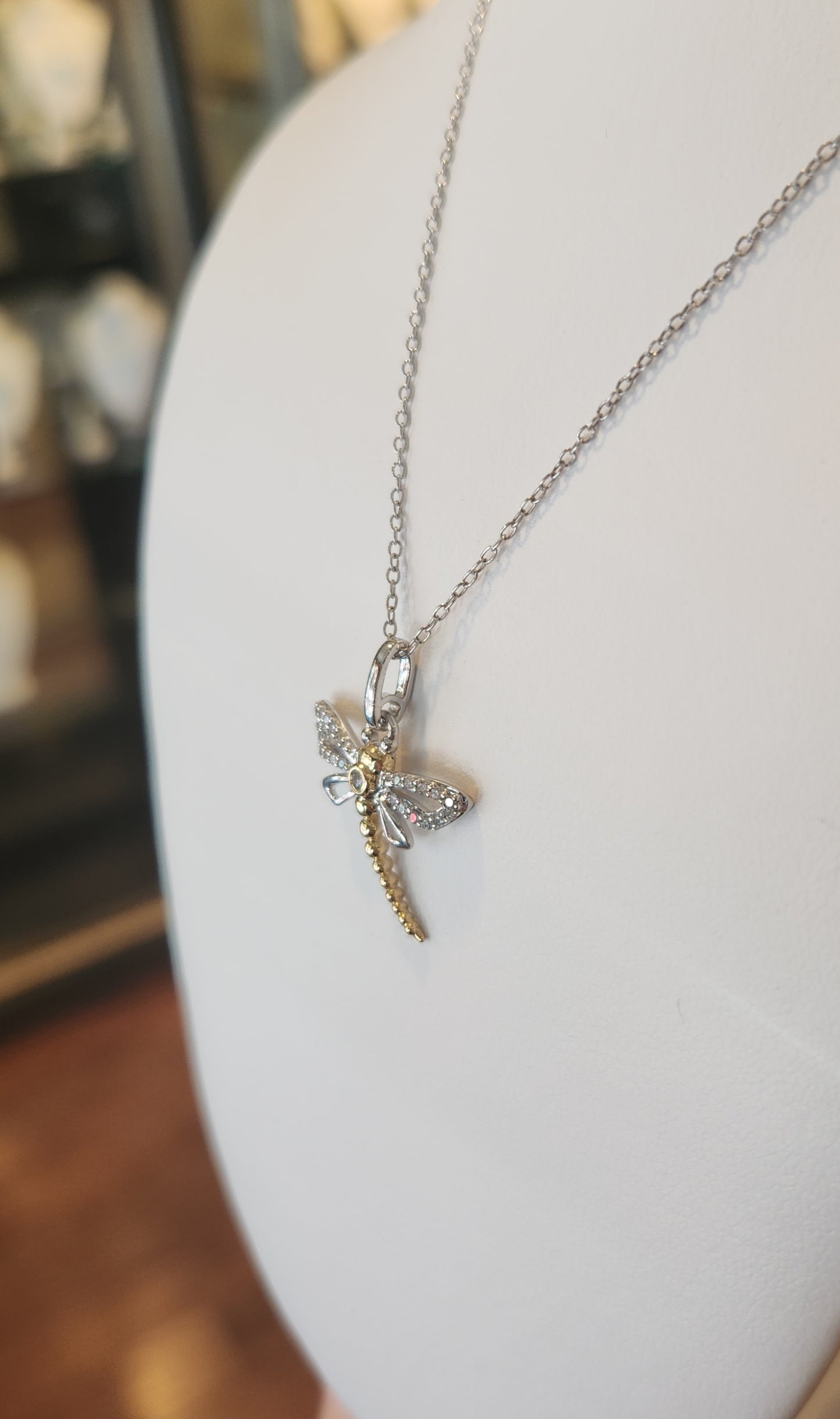 Sterling silver with 14k gold diamond dragonfly pendant