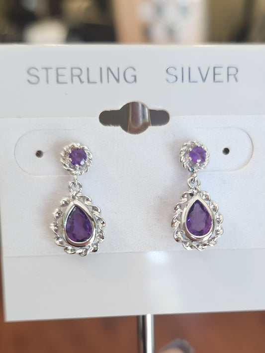 Sterling silver amethyst twist dangle earrings