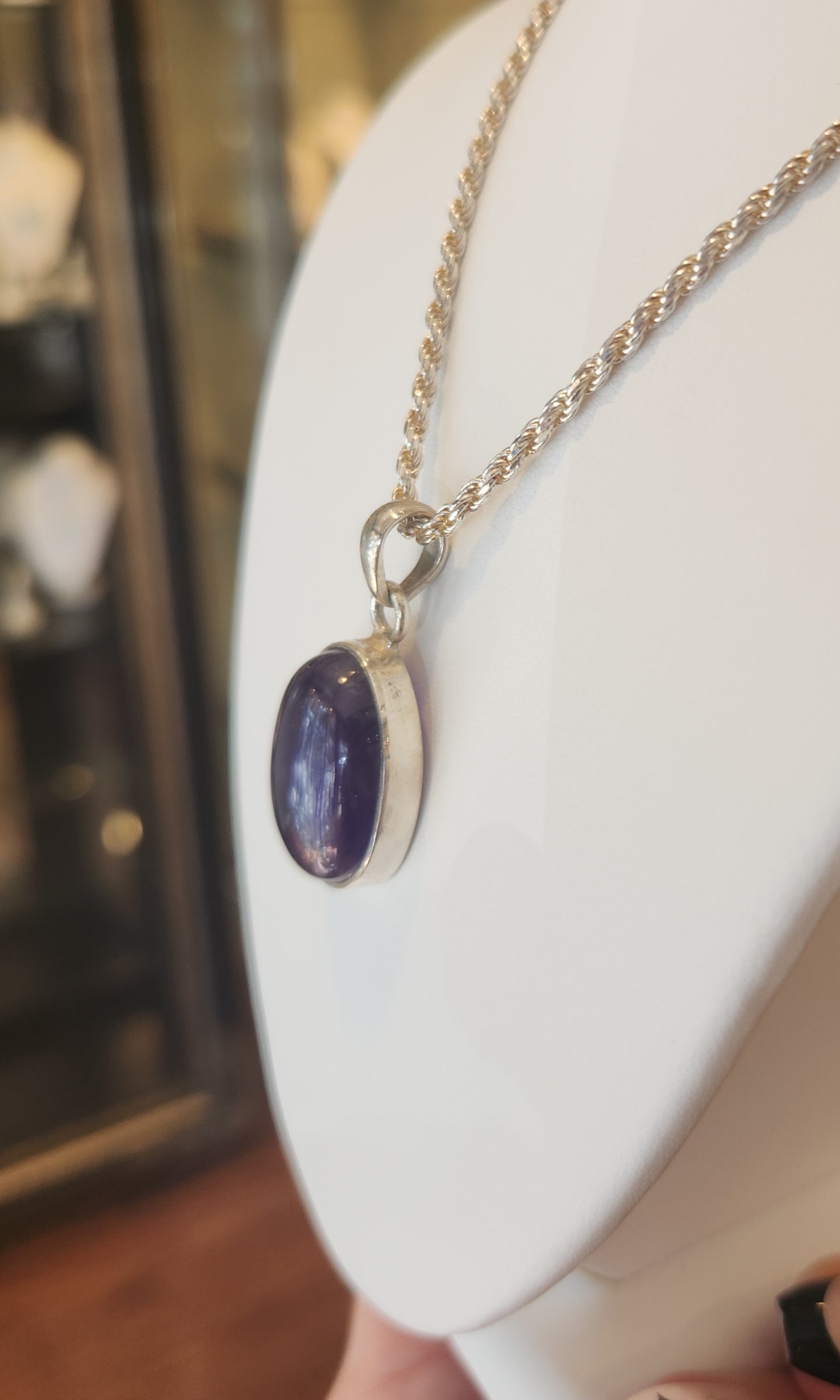 Sterling silver amethyst cabochon pendant with rope chain