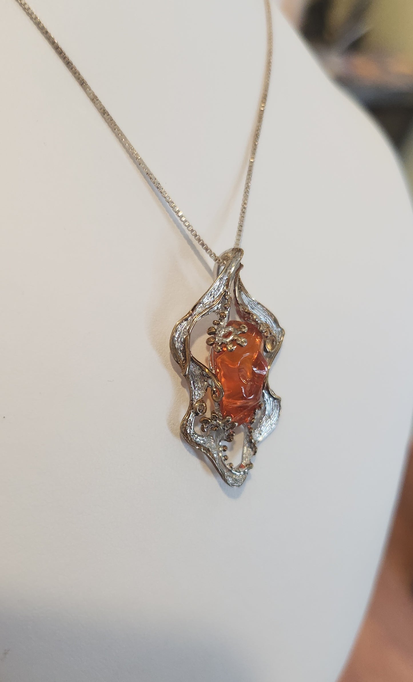 Sterling silver Mexican fire opal pendant with tourmaline