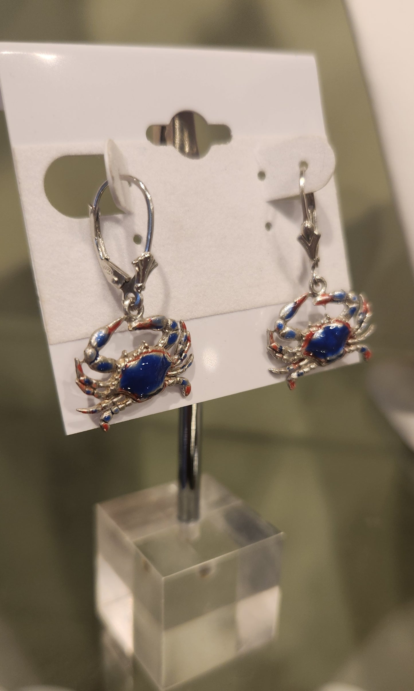 Sterling silver blue & red enamel crab earrings