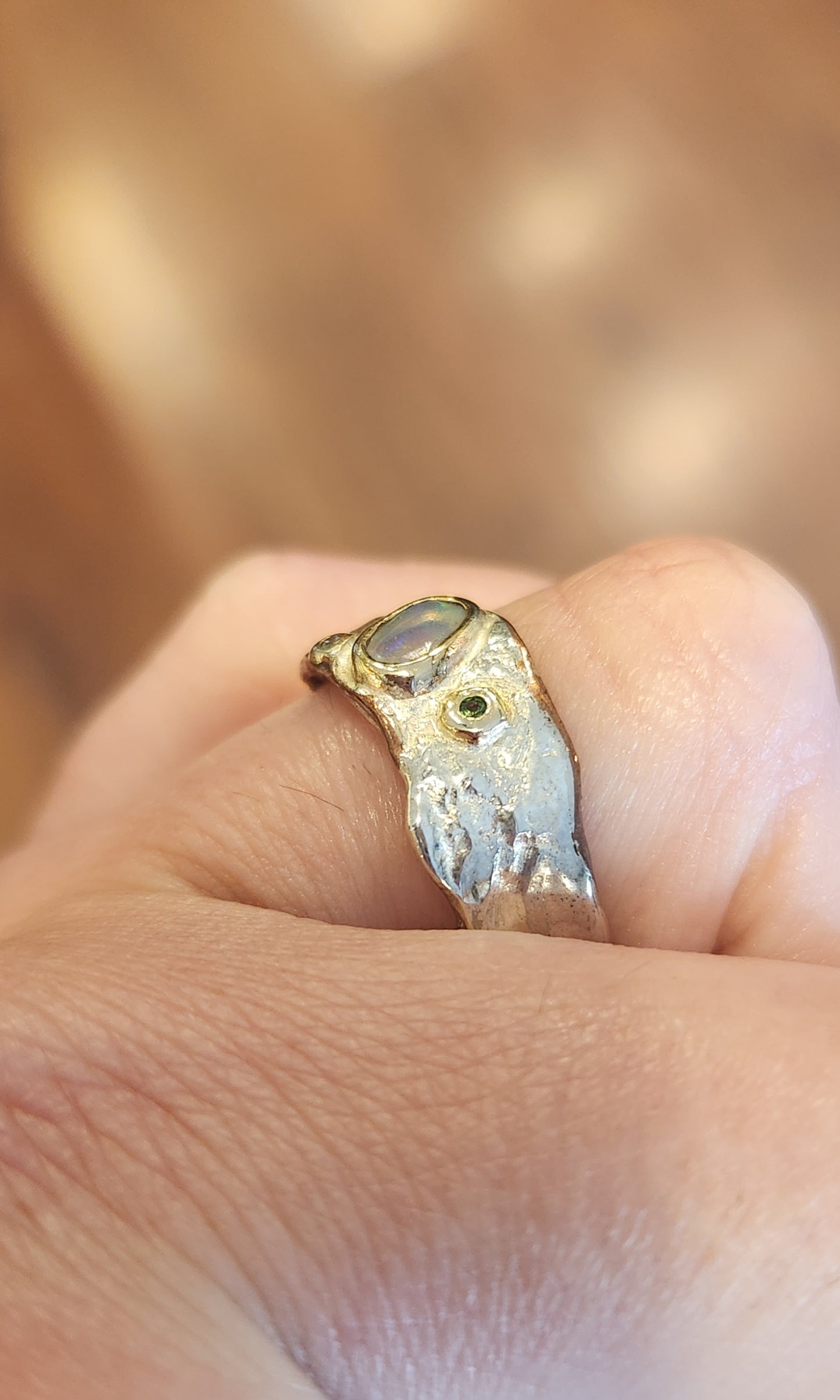 Sterling silver with 14k gold sapphire and diamond opal band