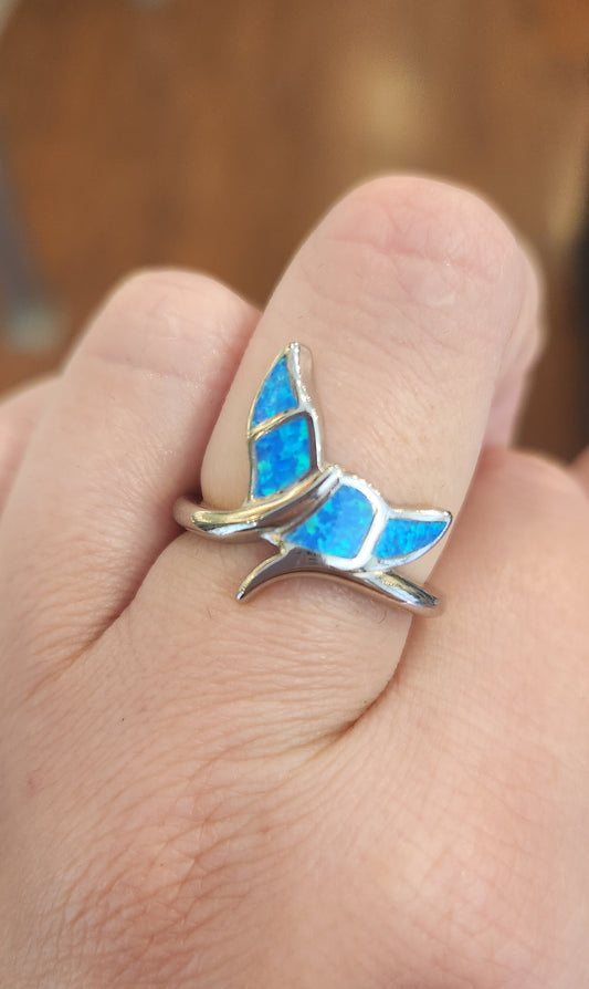 Sterling silver kyocera opal whale tail ring