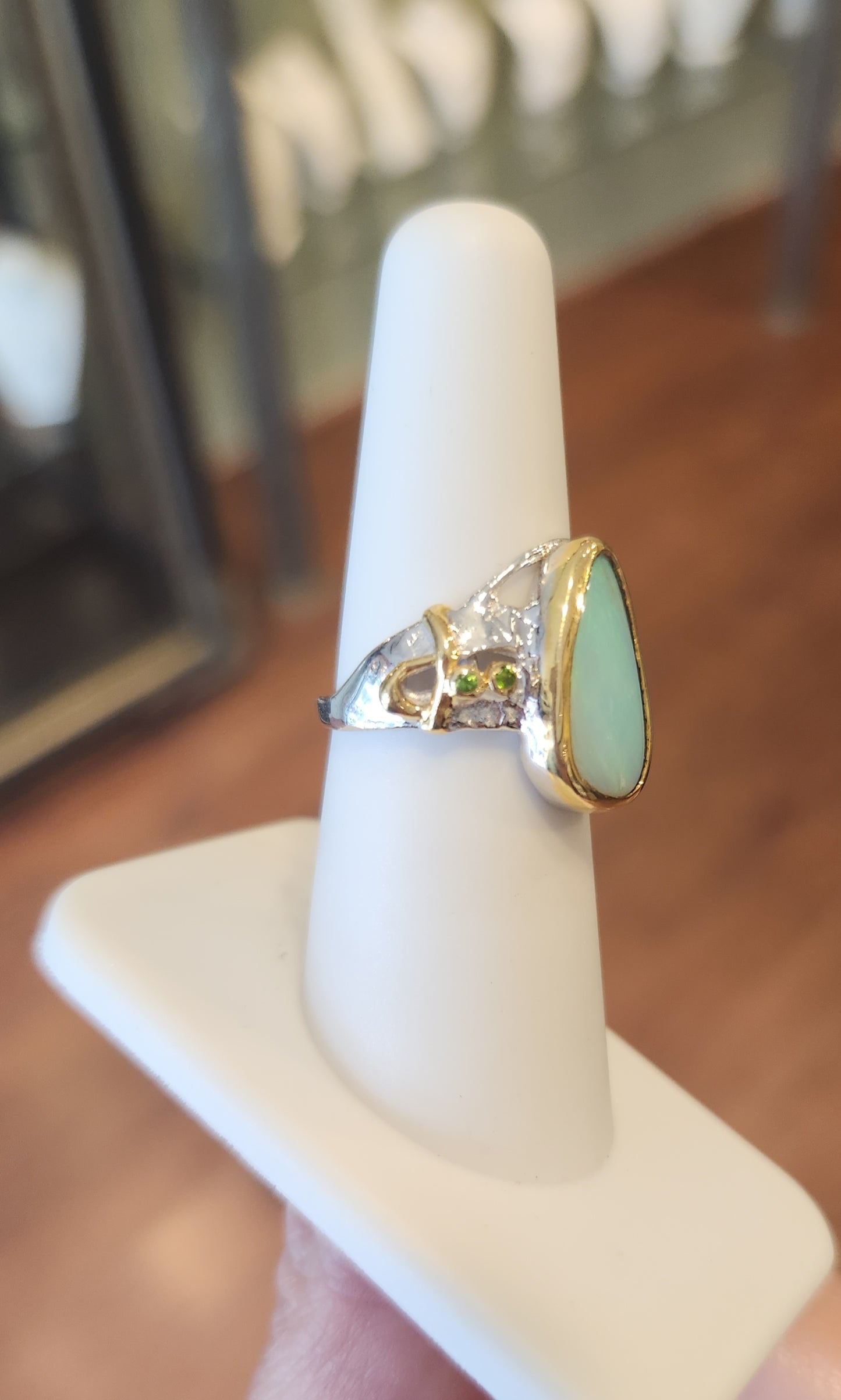 Sterling silver australian opal ring with green tourmaline