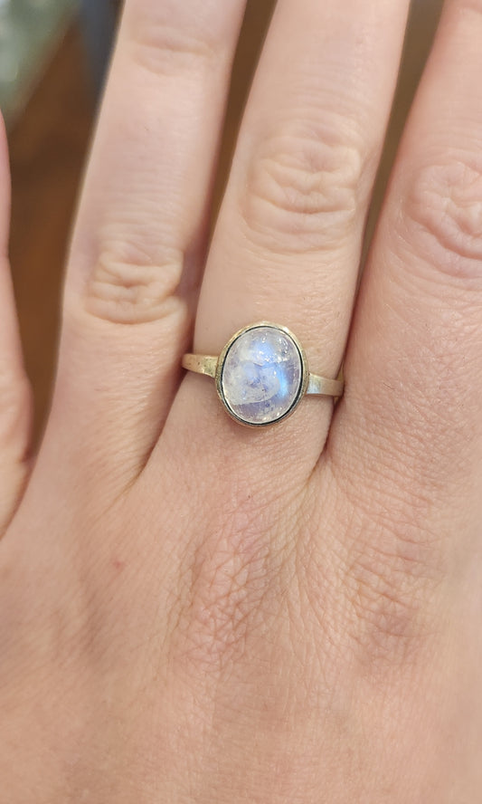 Sterling silver oval rainbow moonstone ring