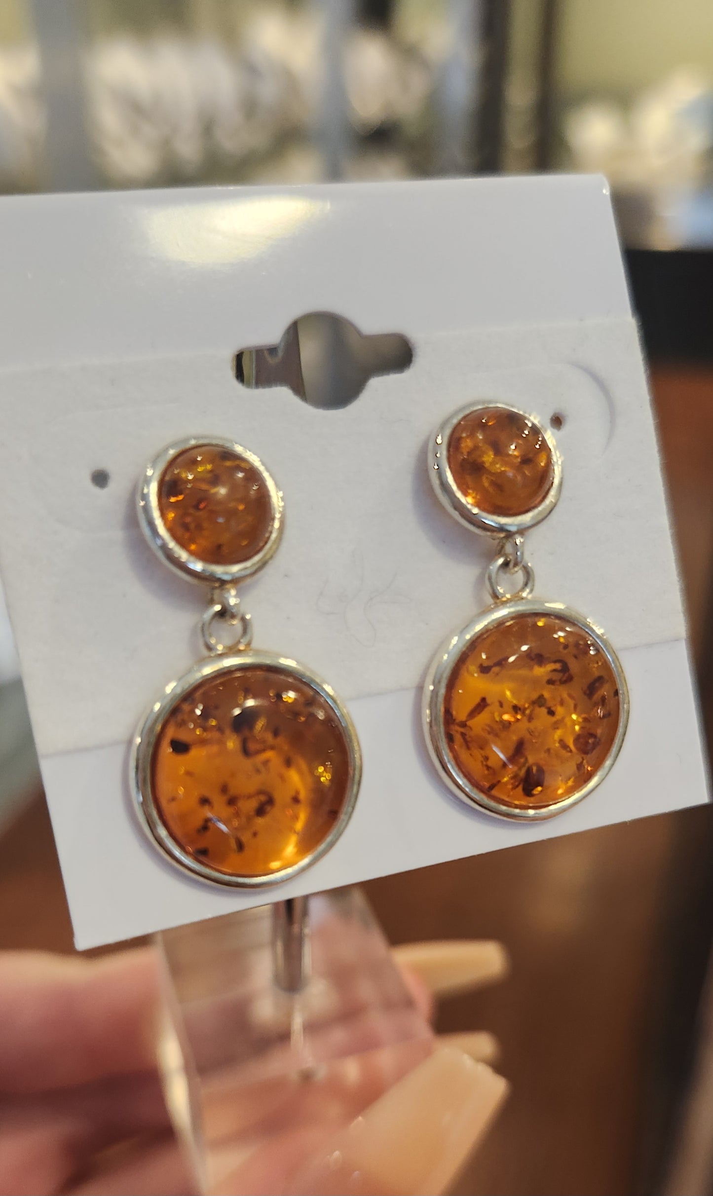 Sterling silver round Baltic amber dangle earrings