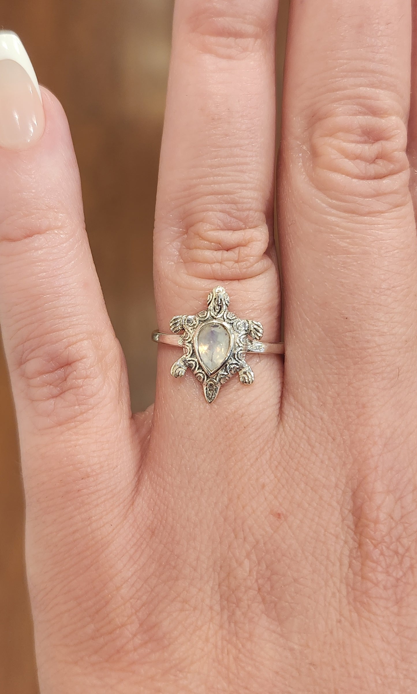 Sterling silver rainbow moonstone turtle ring