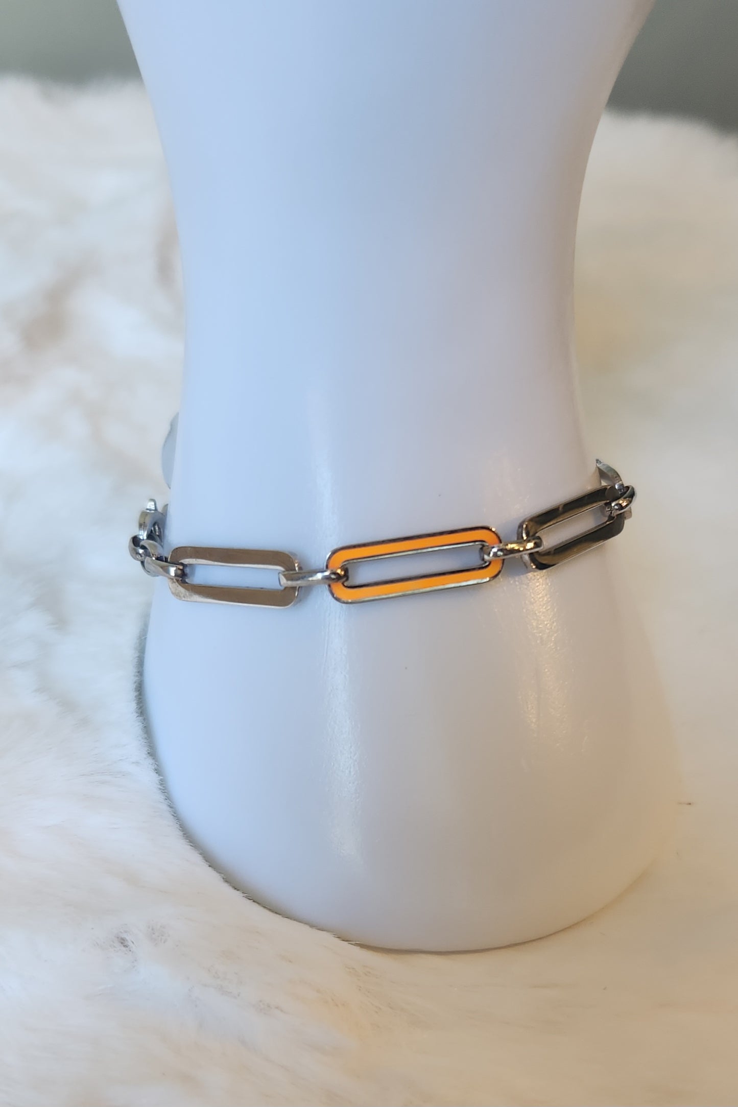 Sterling silver neon orange enamel paperclip bracelet