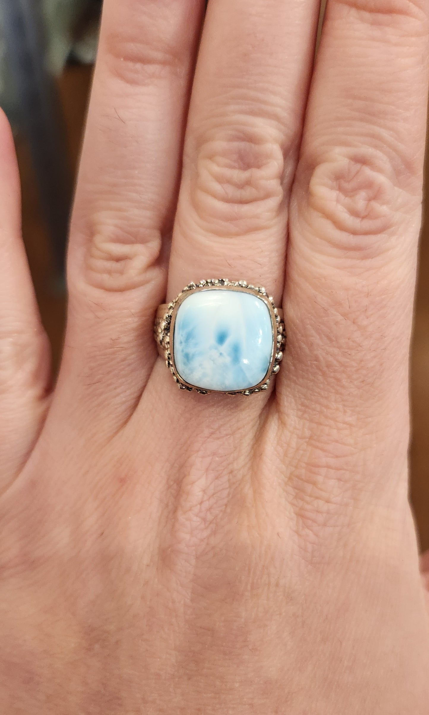 Sterling silver ring with square larimar cabochon