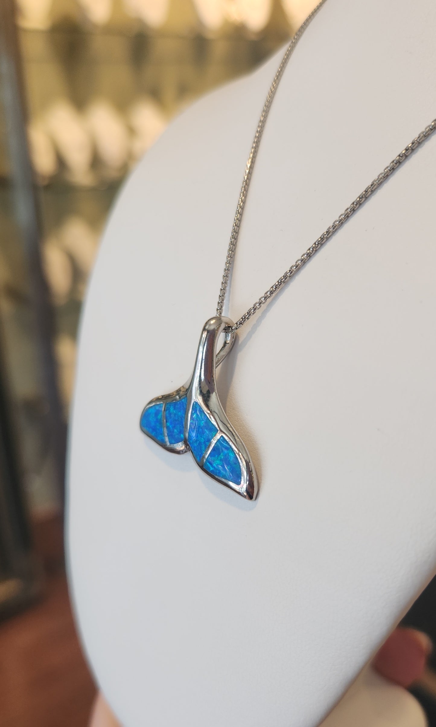 Sterling silver large kyocera opal whale tail pendant