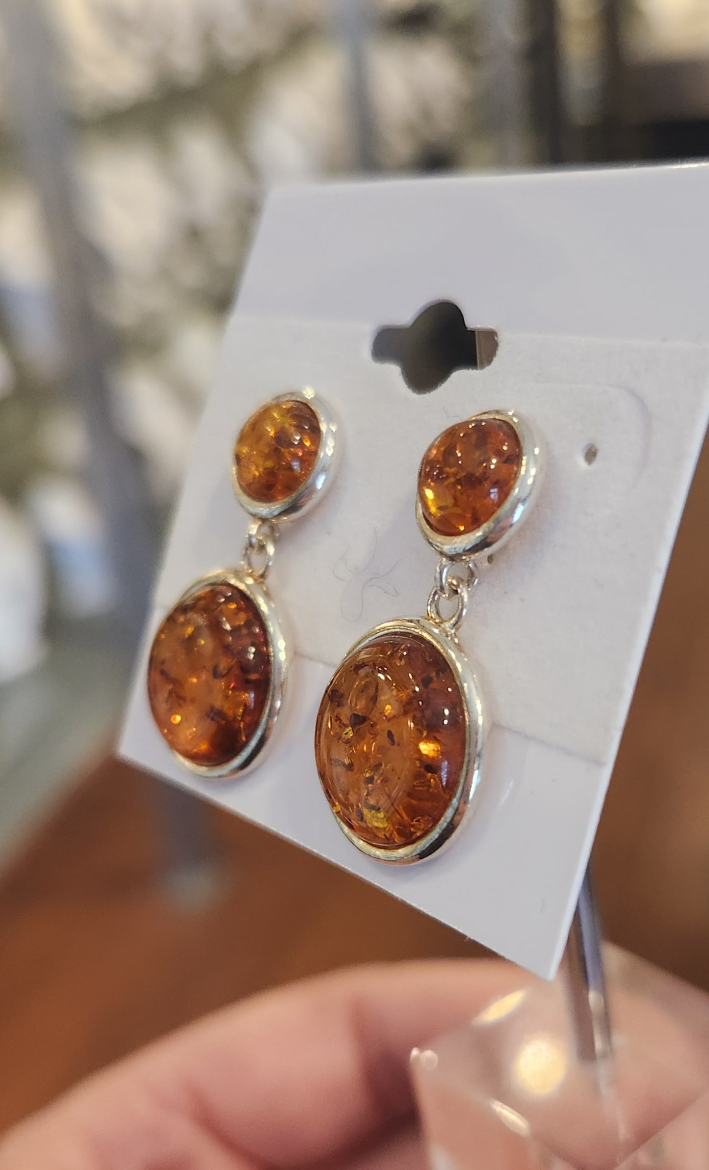 Sterling silver round Baltic amber dangle earrings