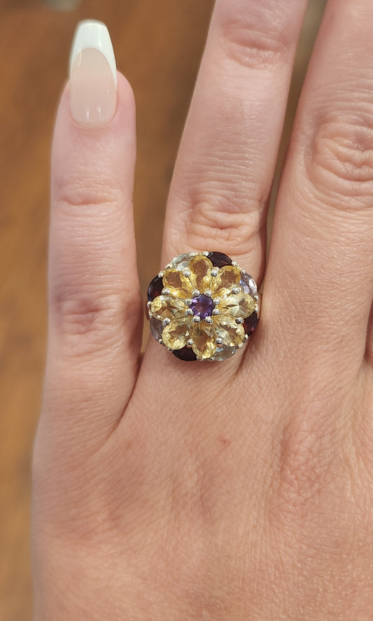 Sterling silver semi-precious multi-stone flower ring