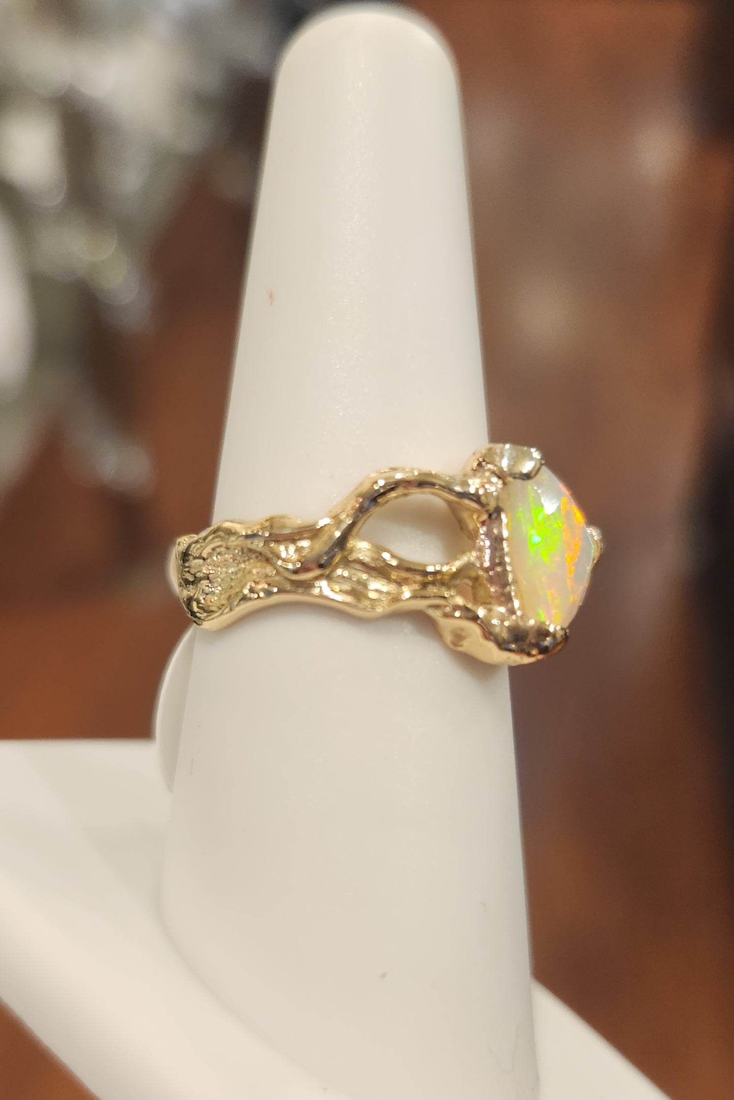 14k yellow gold trillian-cut opal ring with diamond