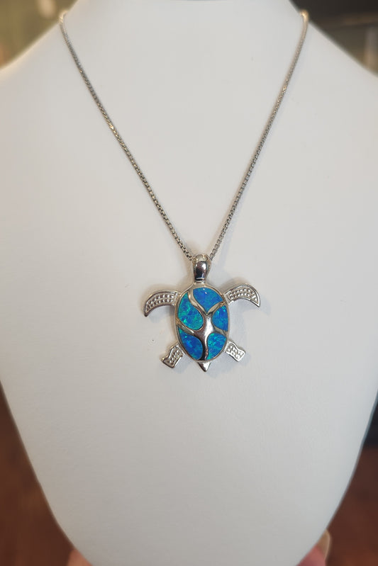 Sterling silver kyocera opal sea turtle pendant