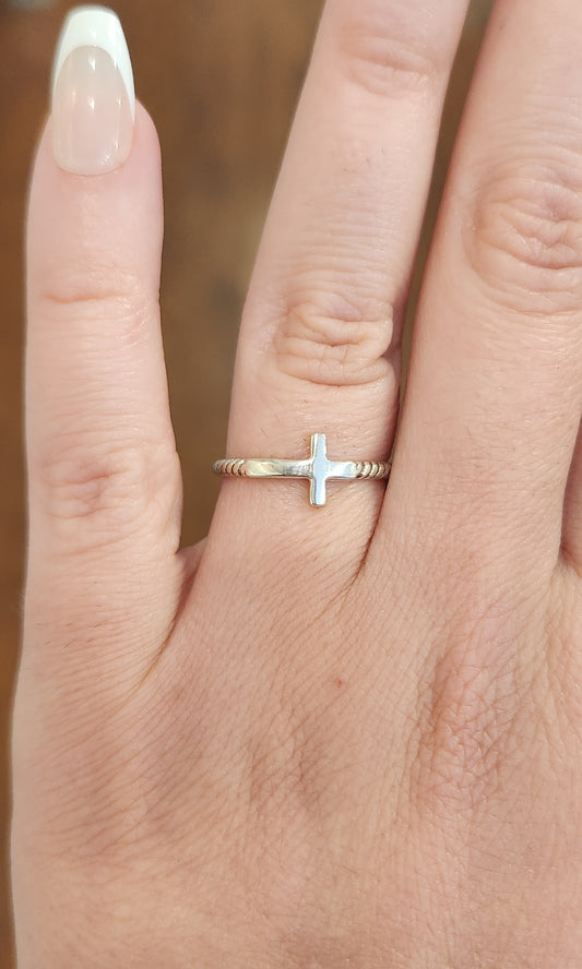 Sterling silver sideways cross ring with twisted band