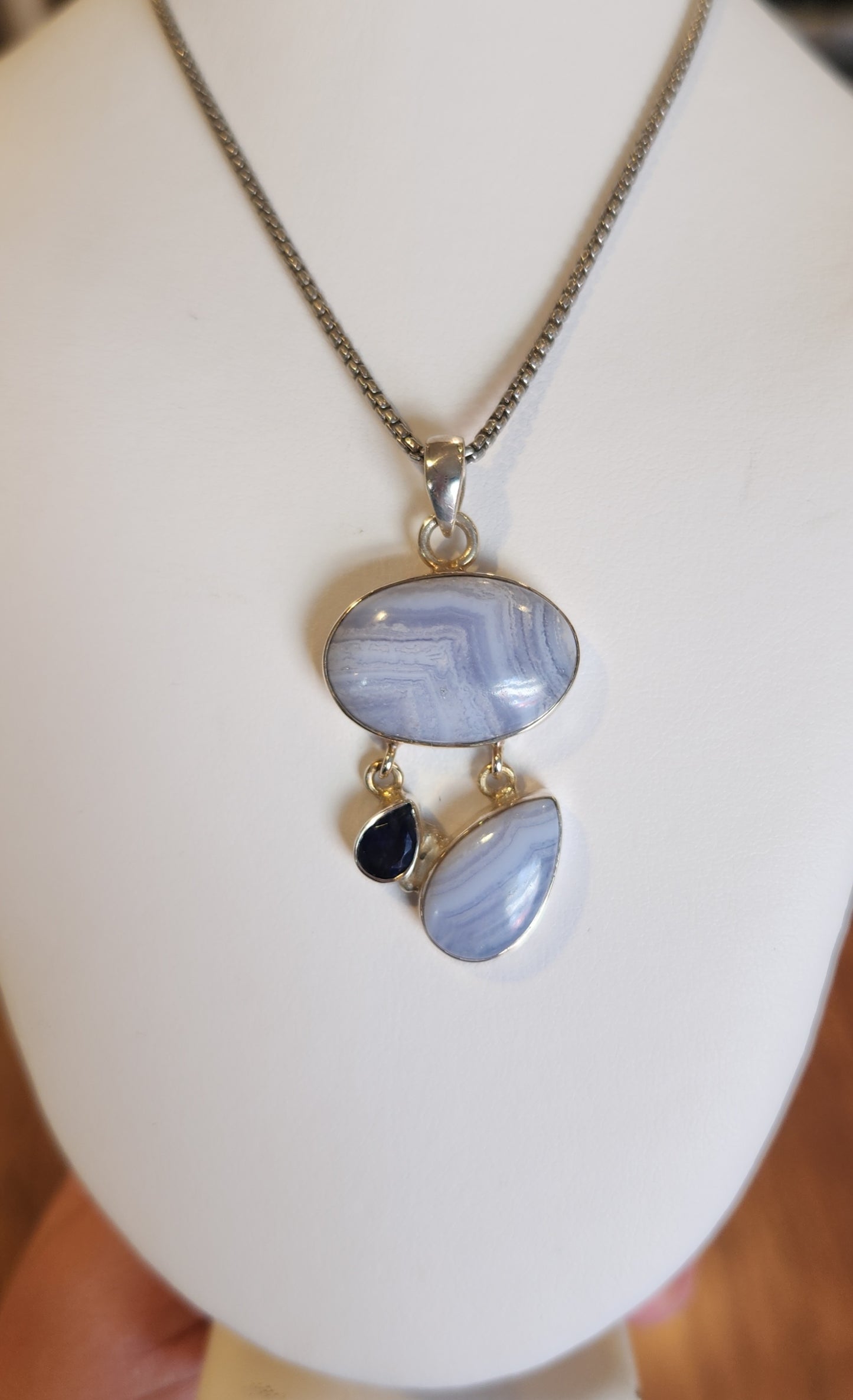 Sterling silver blue lace agate pendant with iolite