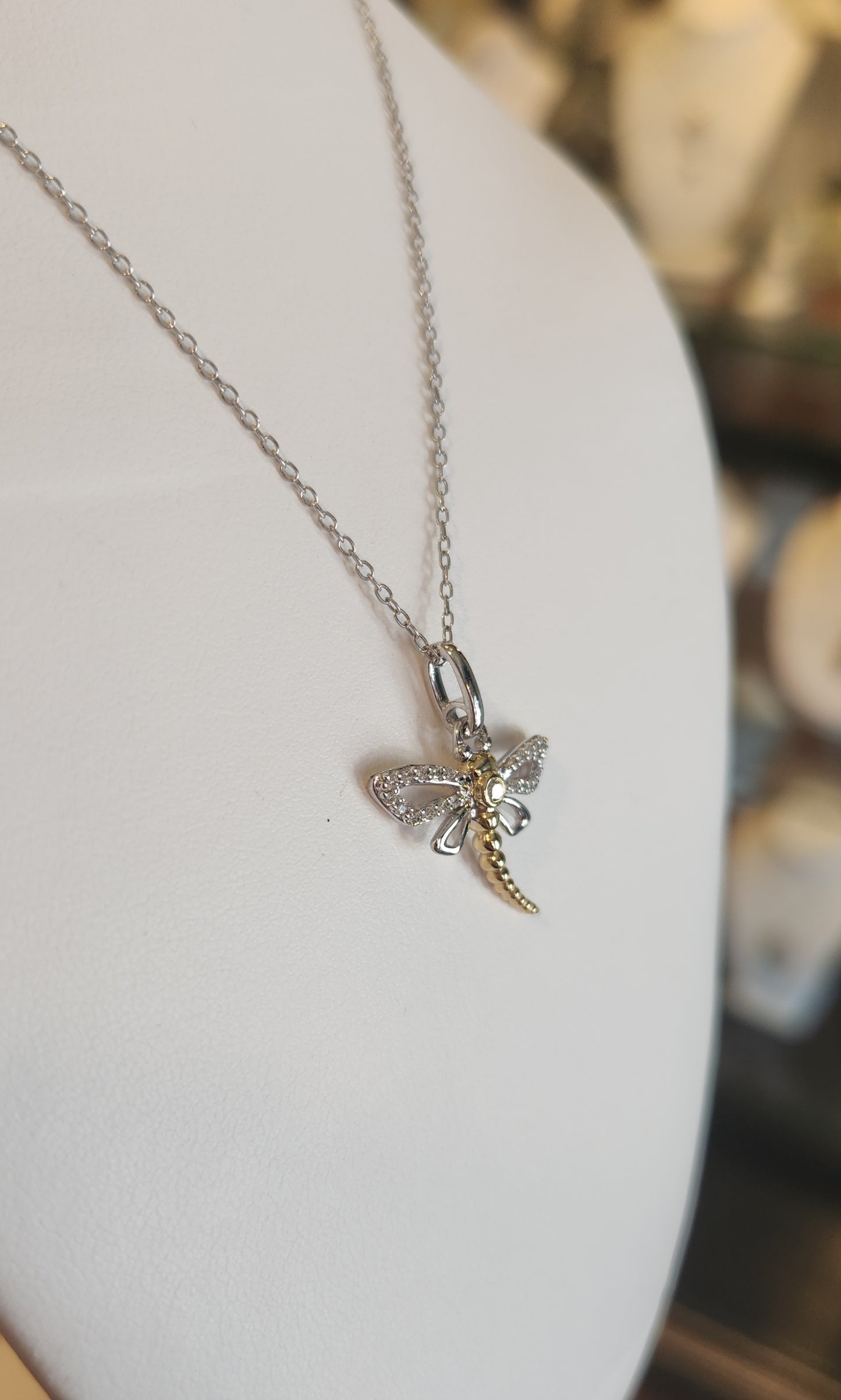 Sterling silver with 14k gold diamond dragonfly pendant