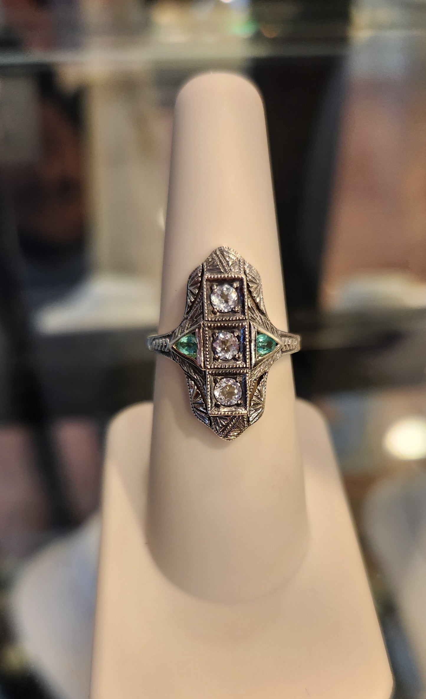 Sterling silver emerald & white topaz Art Deco style filigree ring