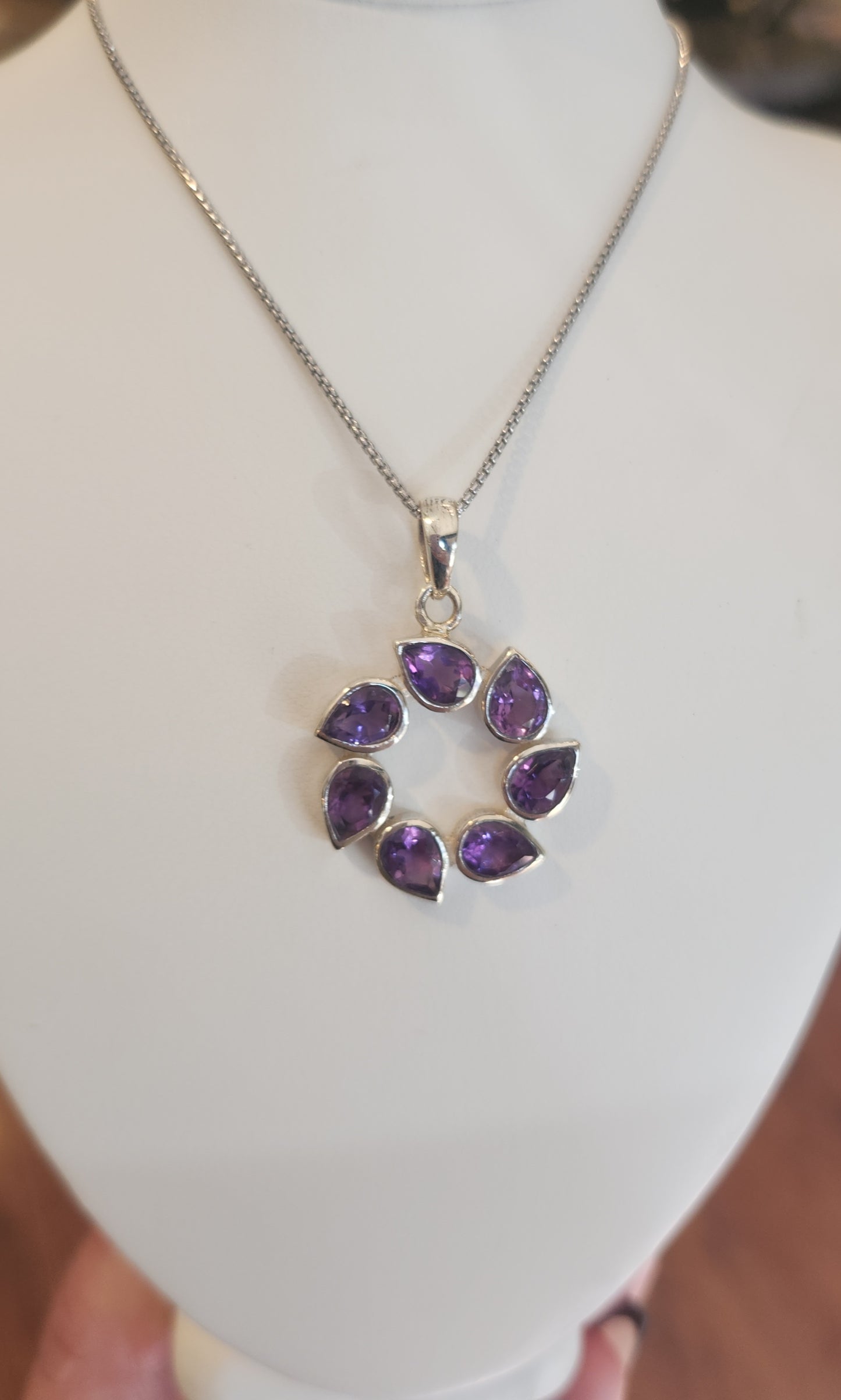 Sterling silver pear-shaped amethyst circle pendant