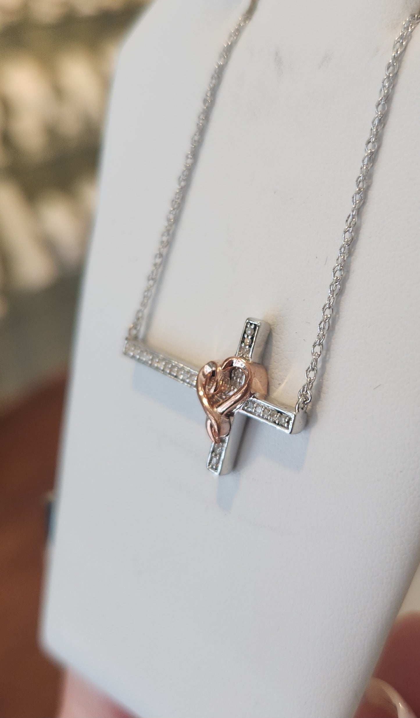 Sterling silver diamond sideways cross necklace with rose gold heart