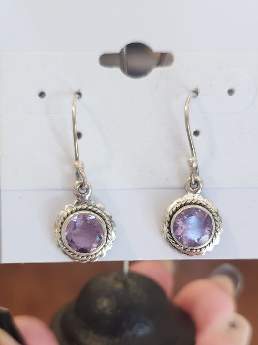 Sterling silver round amethyst bezel set dangle earrings