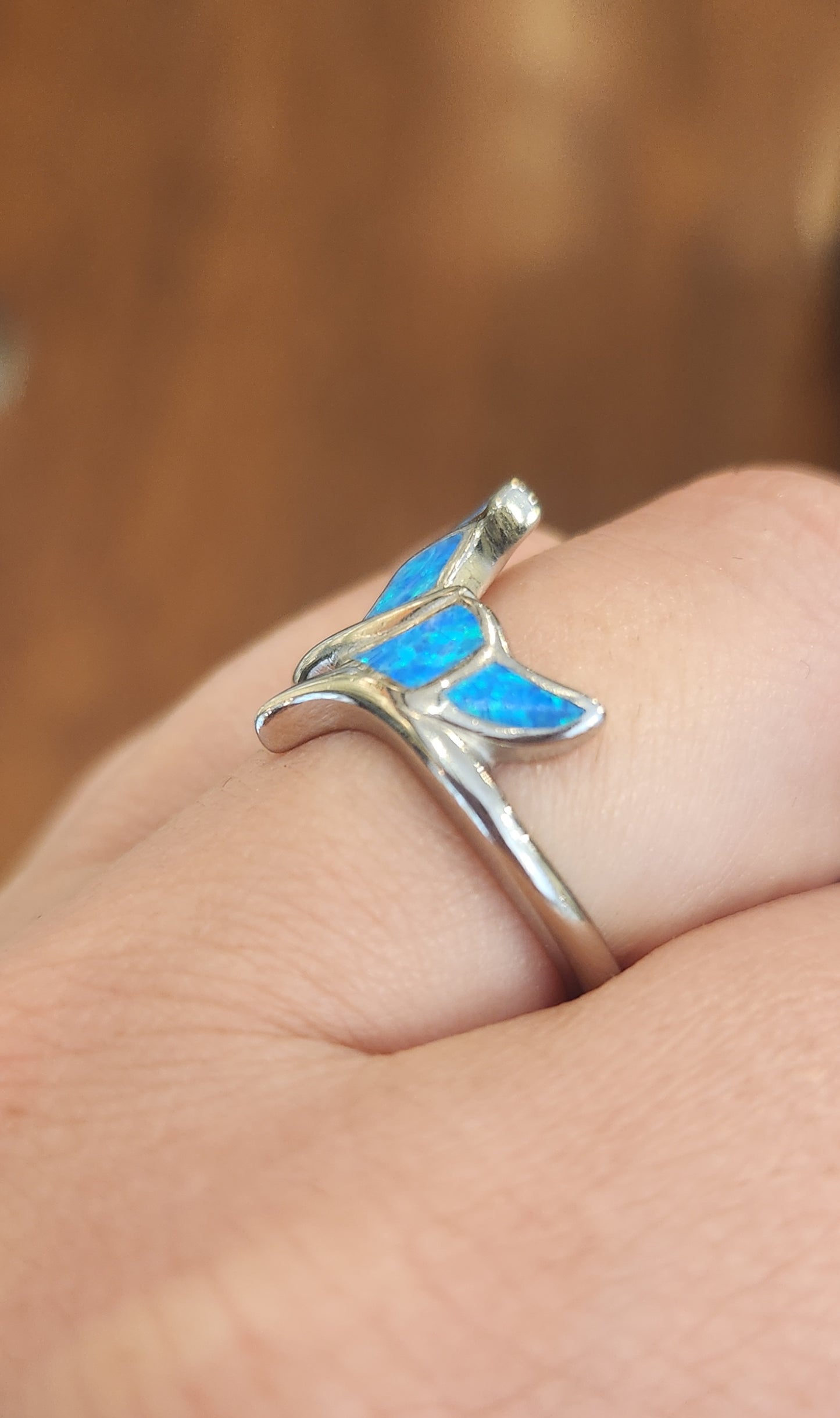 Sterling silver kyocera opal whale tail ring