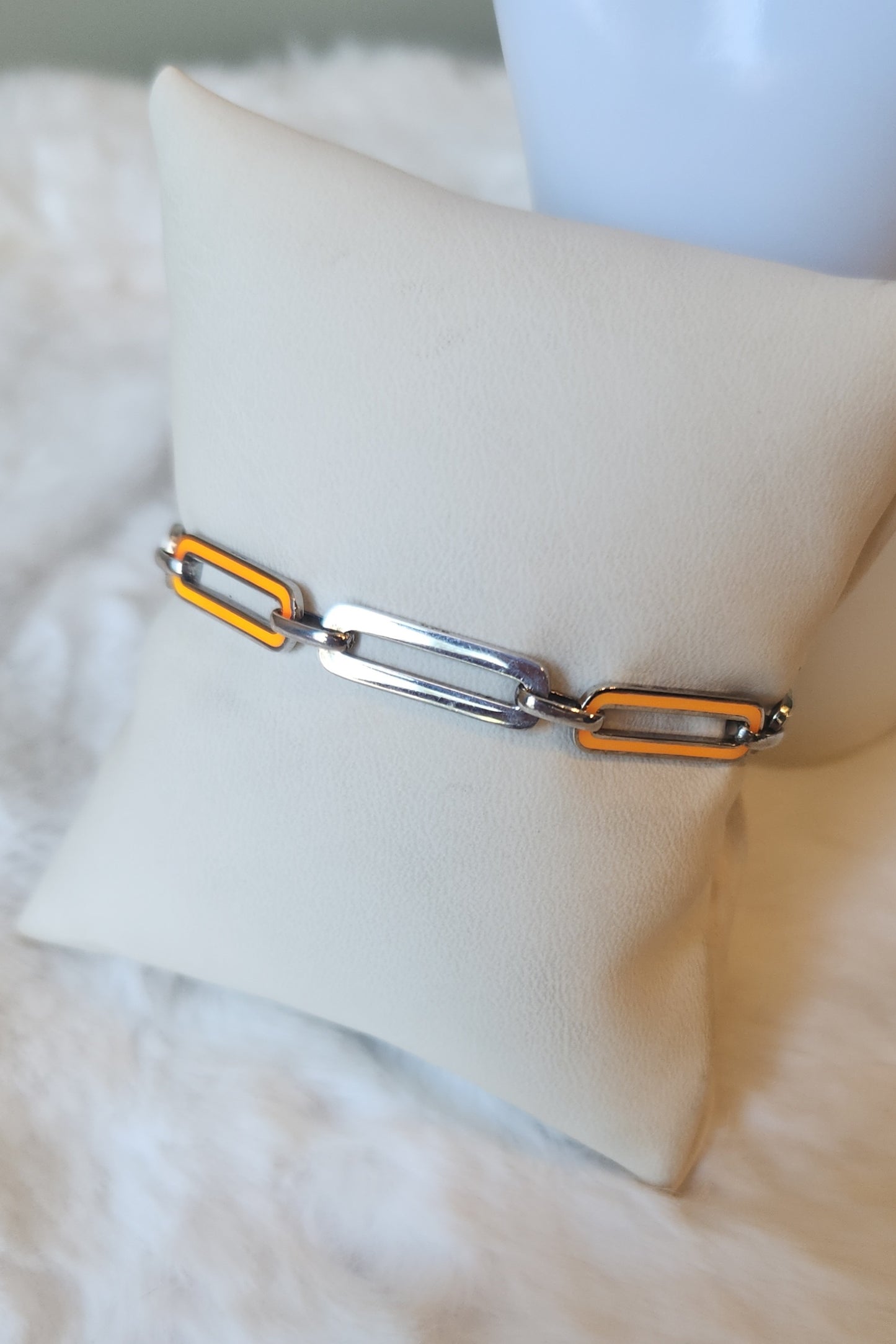 Sterling silver neon orange enamel paperclip bracelet