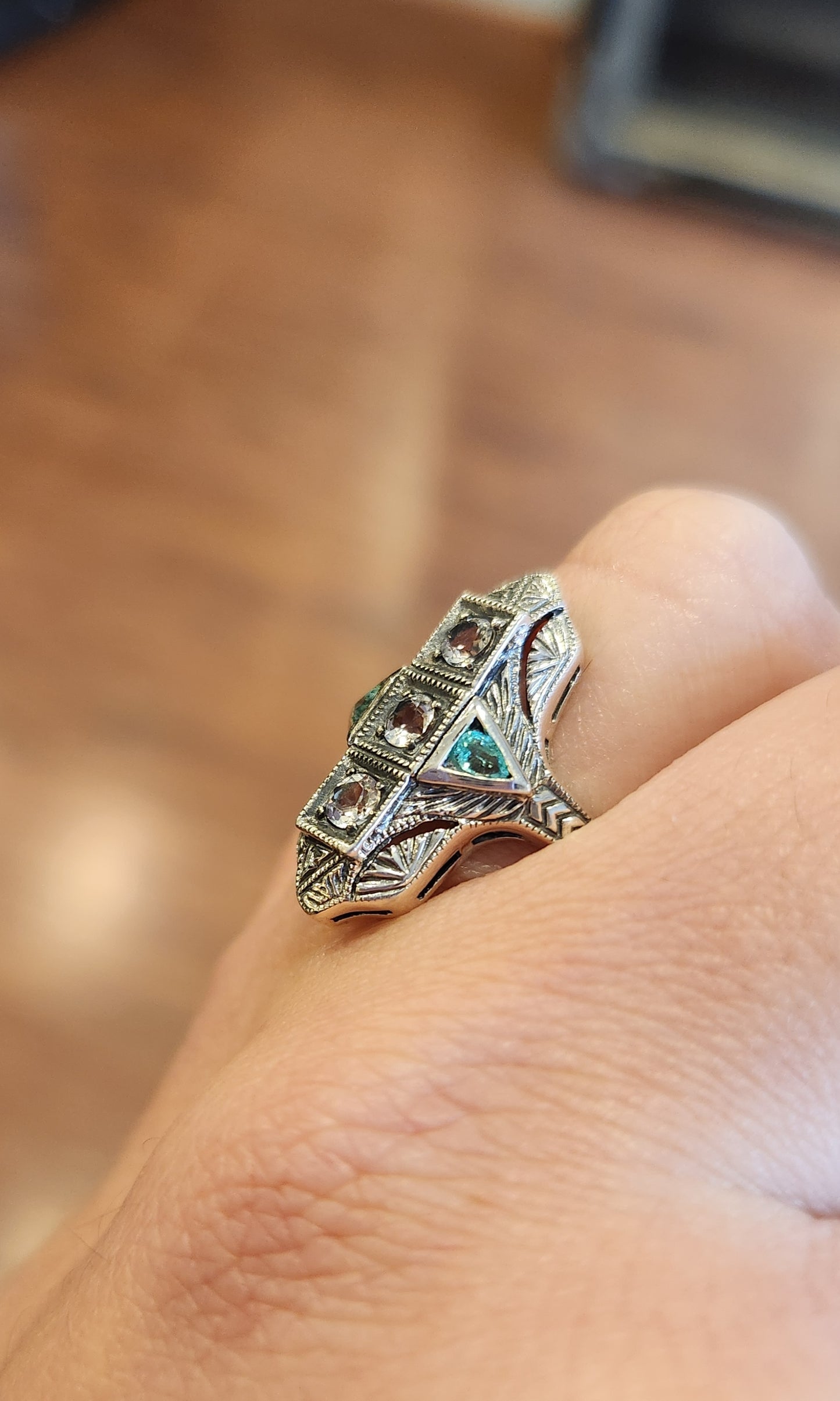 Sterling silver emerald & white topaz Art Deco style filigree ring