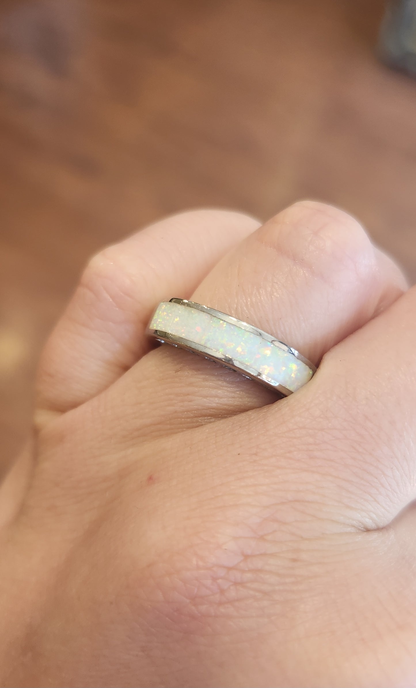 Sterling silver white kyocera opal inlay ring