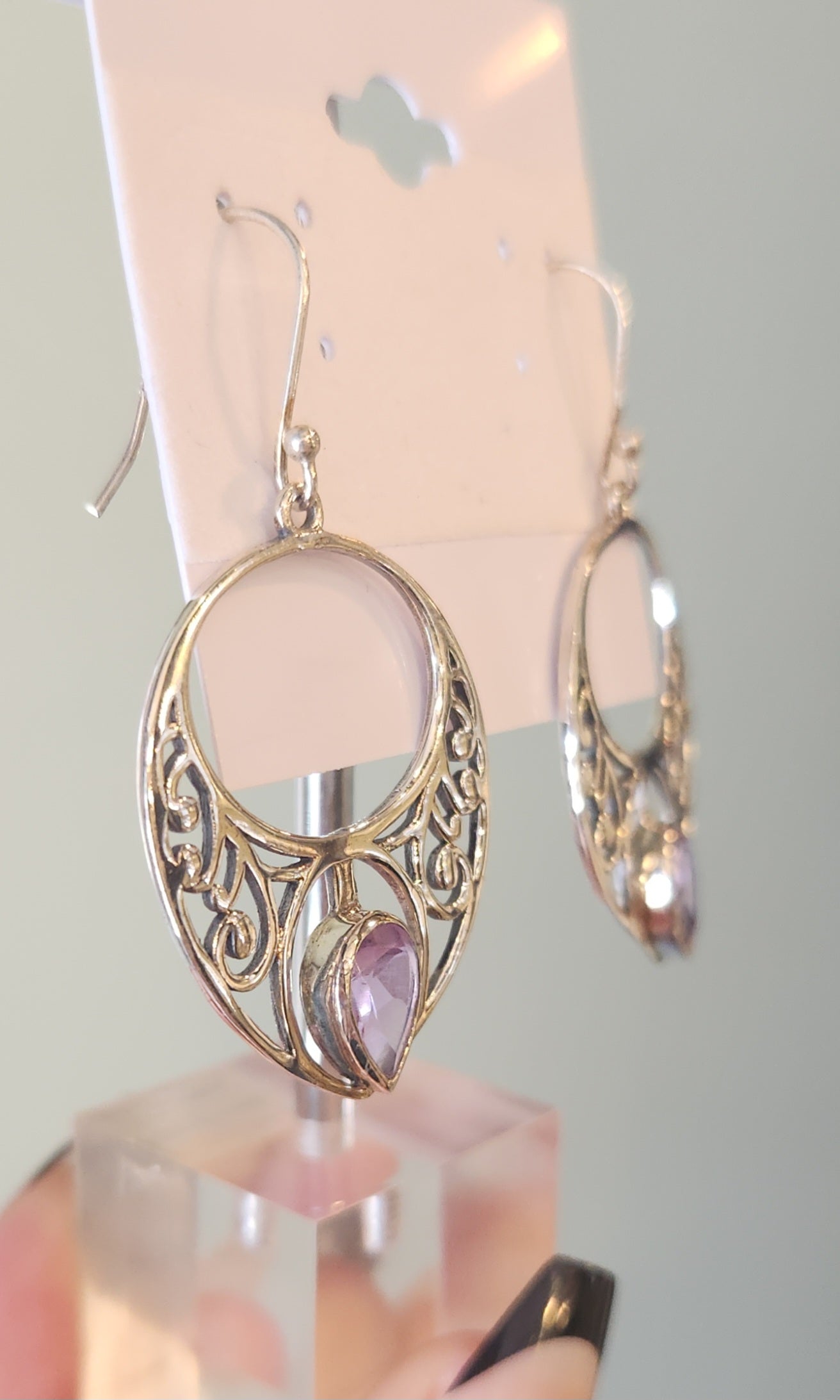 Sterling silver pear-shaped amethyst filigree earrings