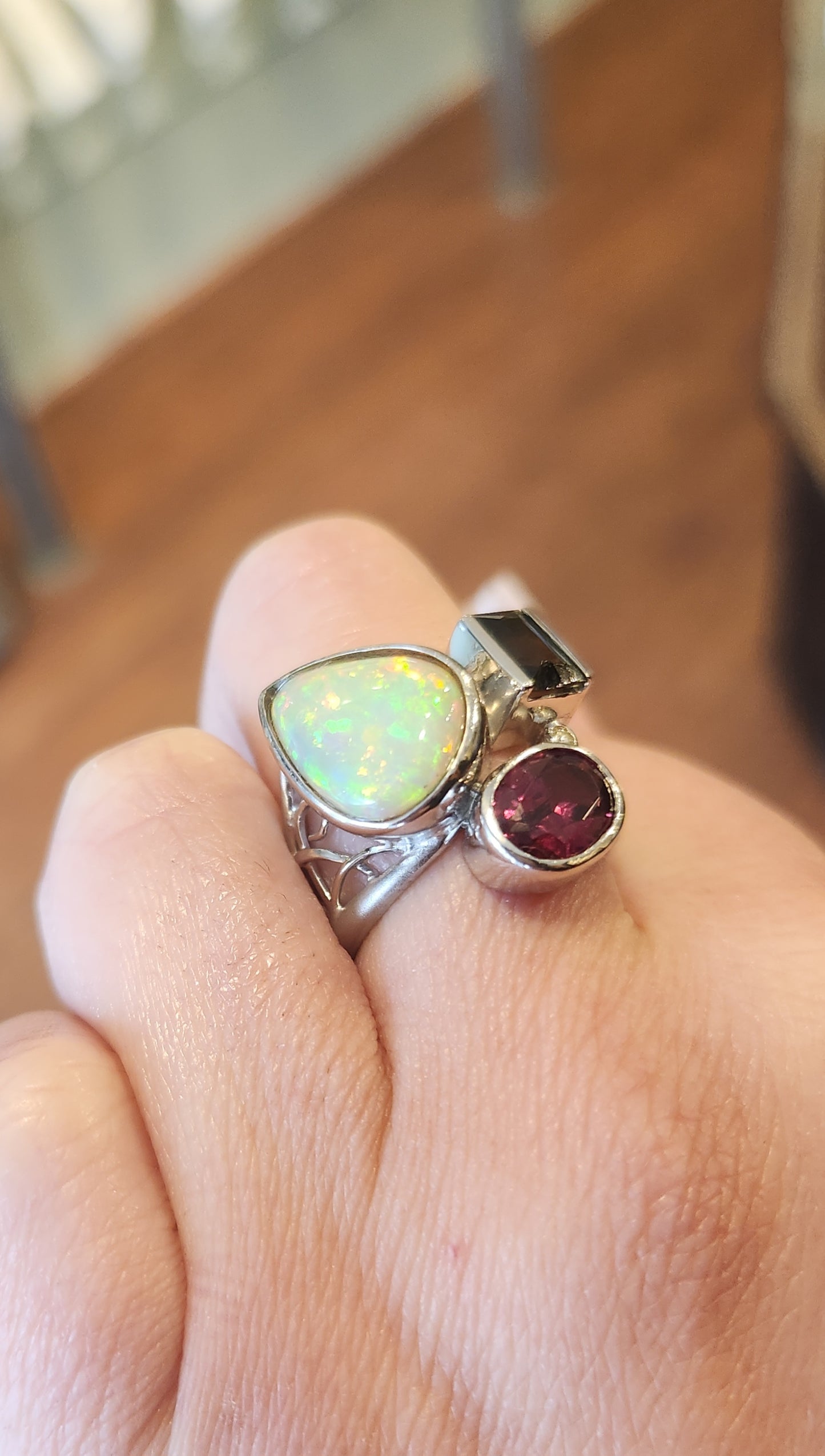 Sterling silver opal tourmaline statement ring