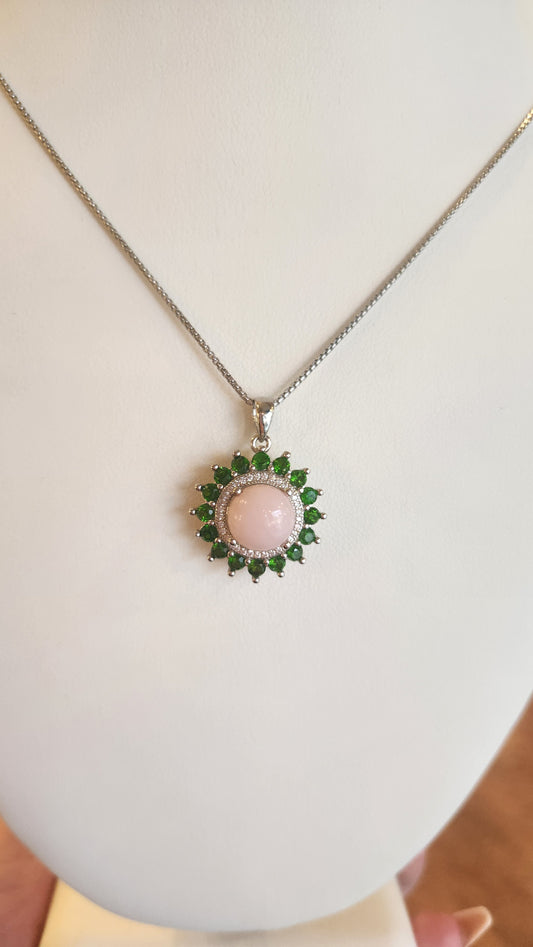 Sterling silver pink opal & tsavorite garnet pendant
