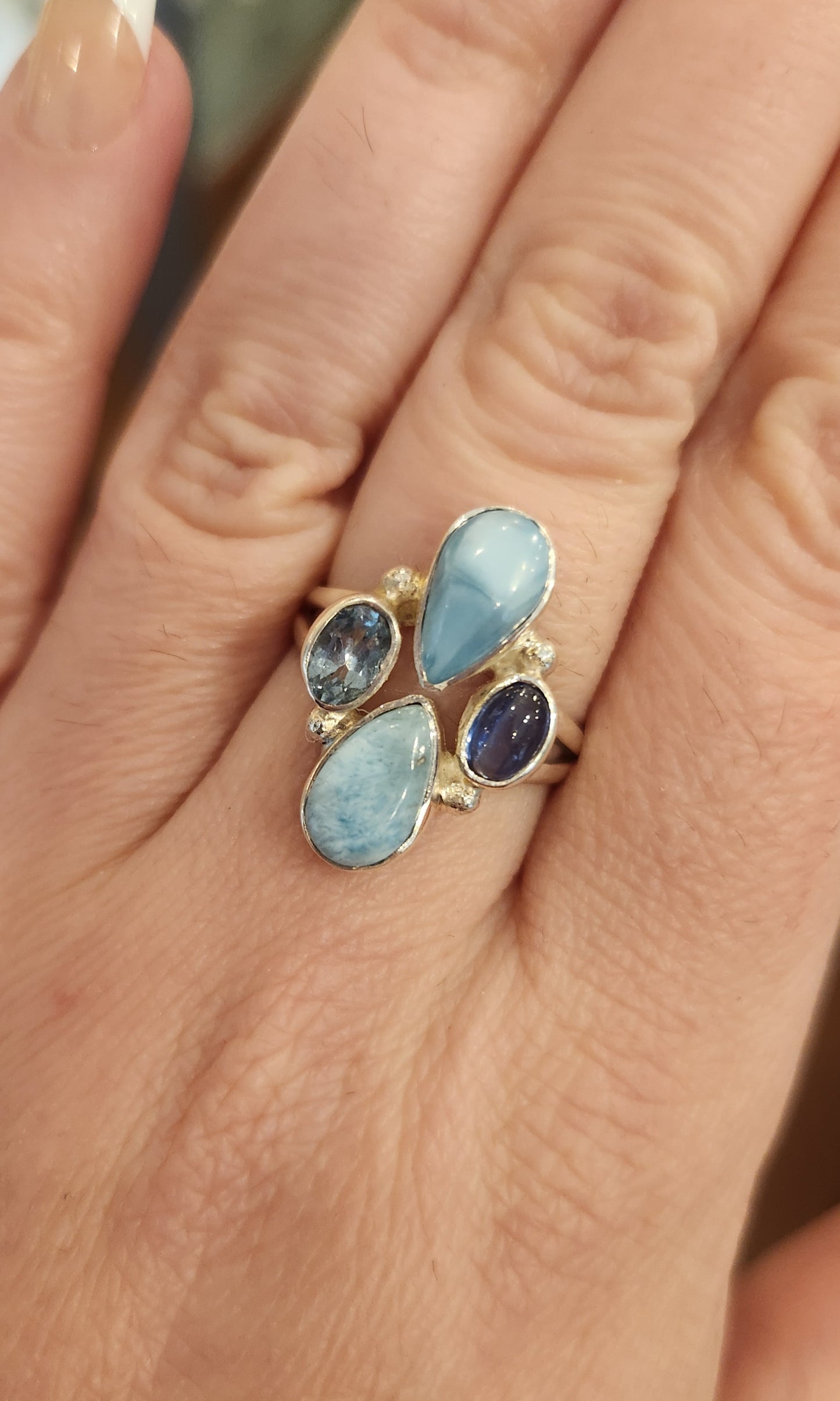 Sterling silver multi stone ring with larimar, blue topaz and blue kyanite