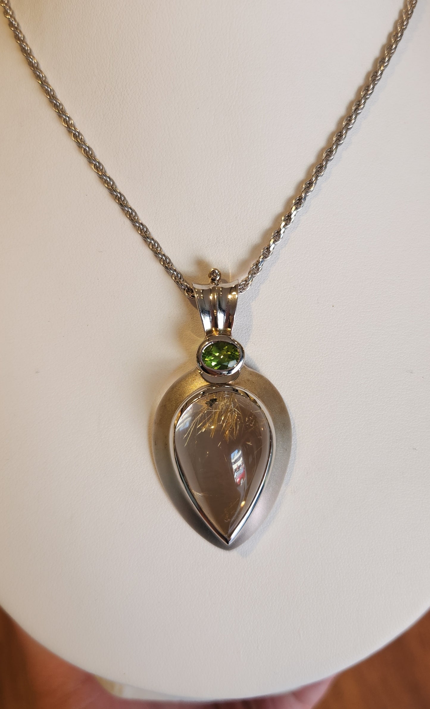 Sterling silver rutilated quartz statement pendant with peridot