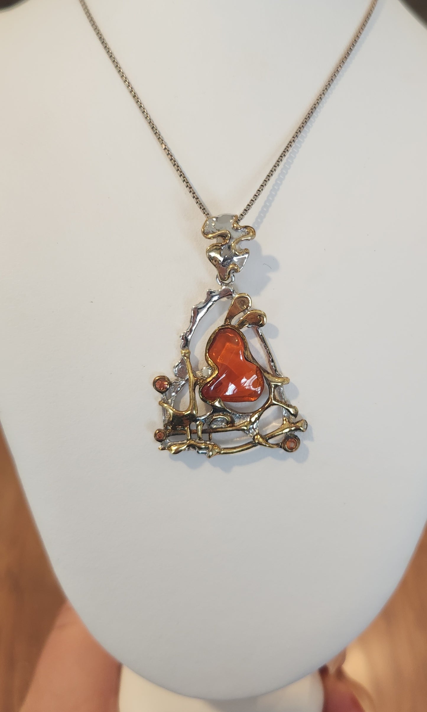 Sterling silver large Mexican fire opal pendant with tourmaline