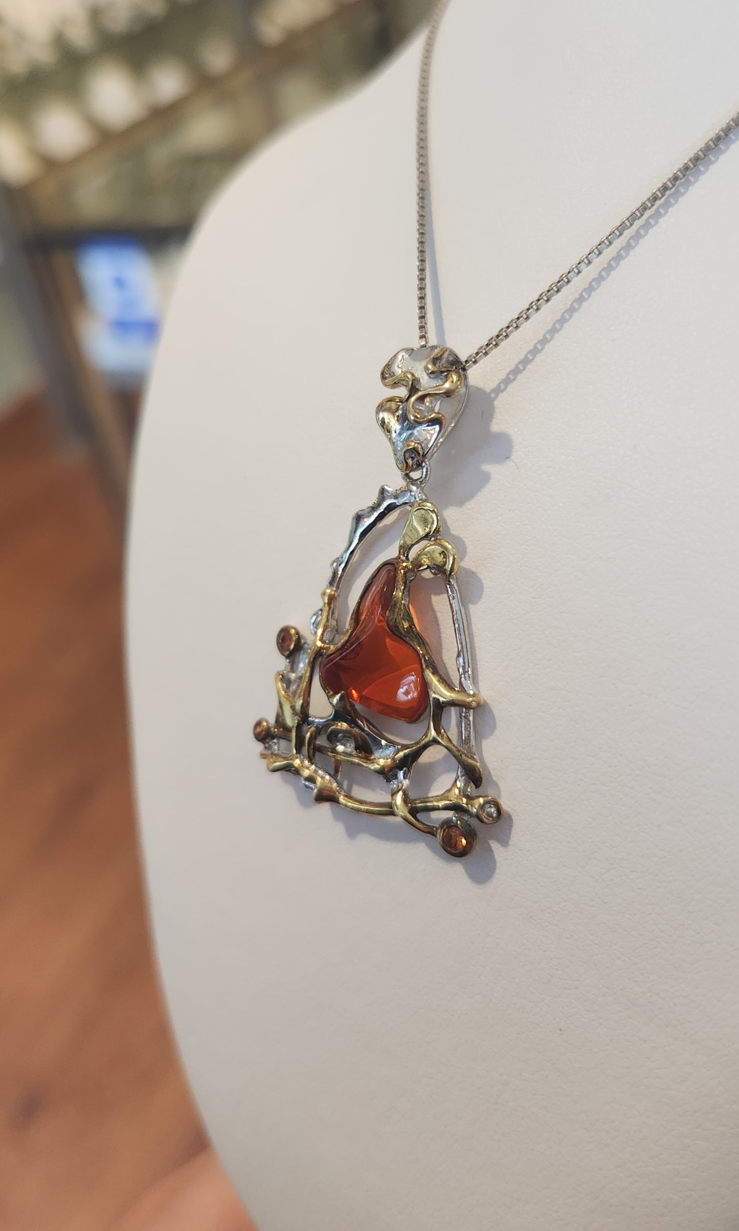 Sterling silver large Mexican fire opal pendant with tourmaline