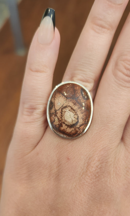 Sterling silver petrified wood statement ring