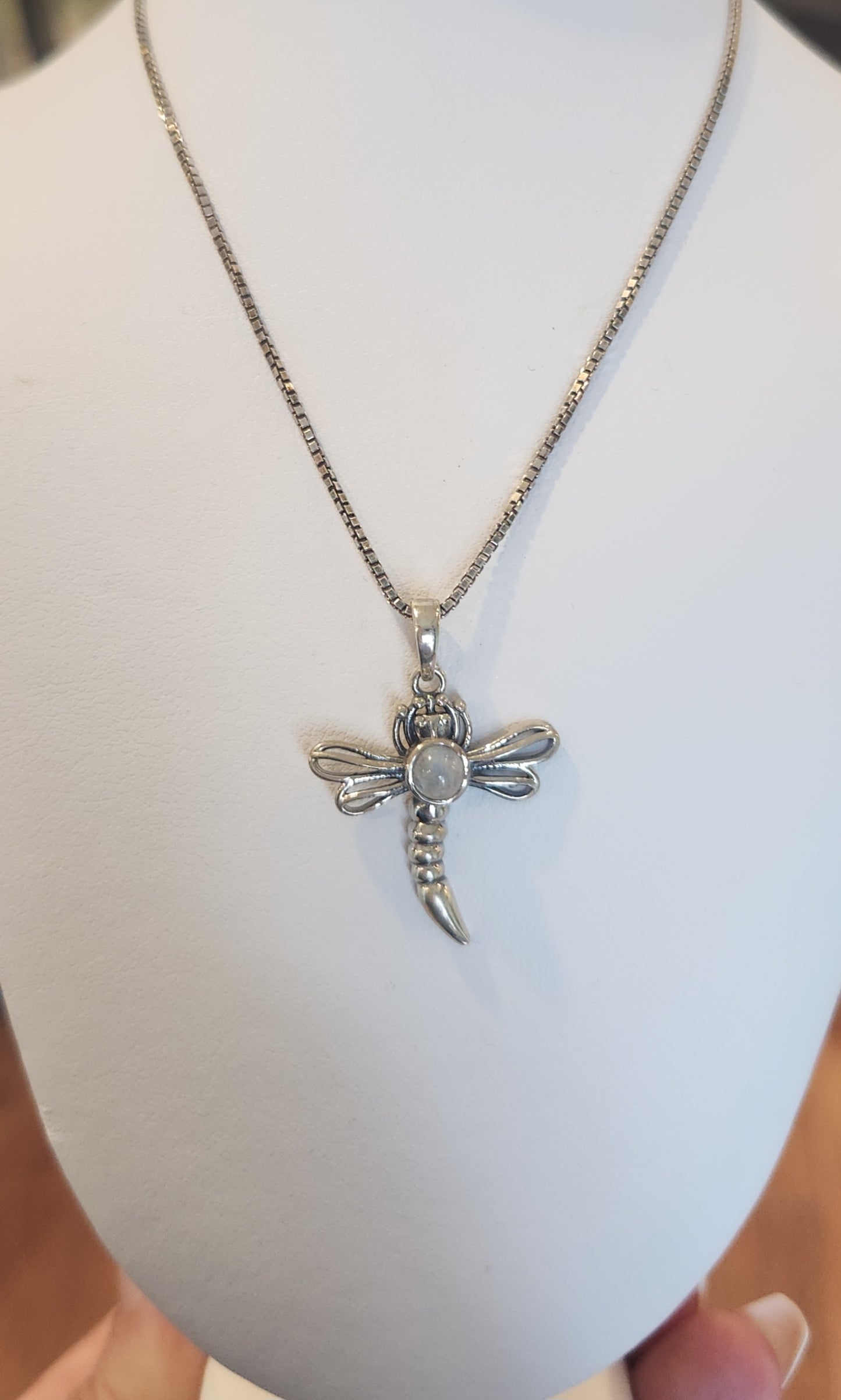 Sterling silver rainbow moonstone dragonfly pendant