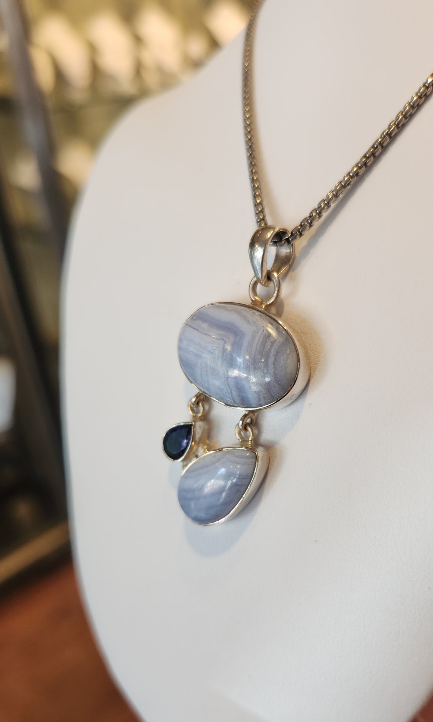 Sterling silver blue lace agate pendant with iolite